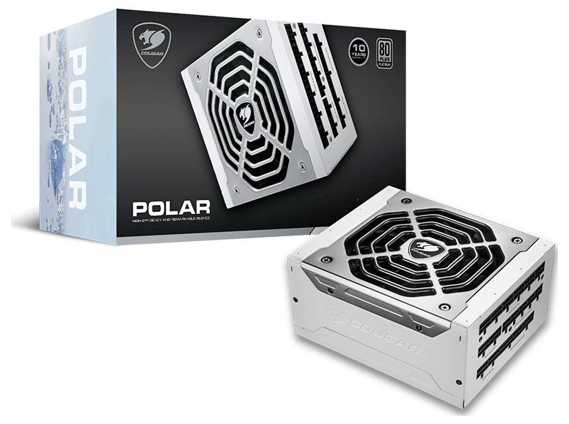 'COUGAR Polar' Netzteil und Verpackung auf weißem Hintergrund. Hinweis auf 10 Jahre Garantie und 80 Plus Zertifizierung auf der Box.