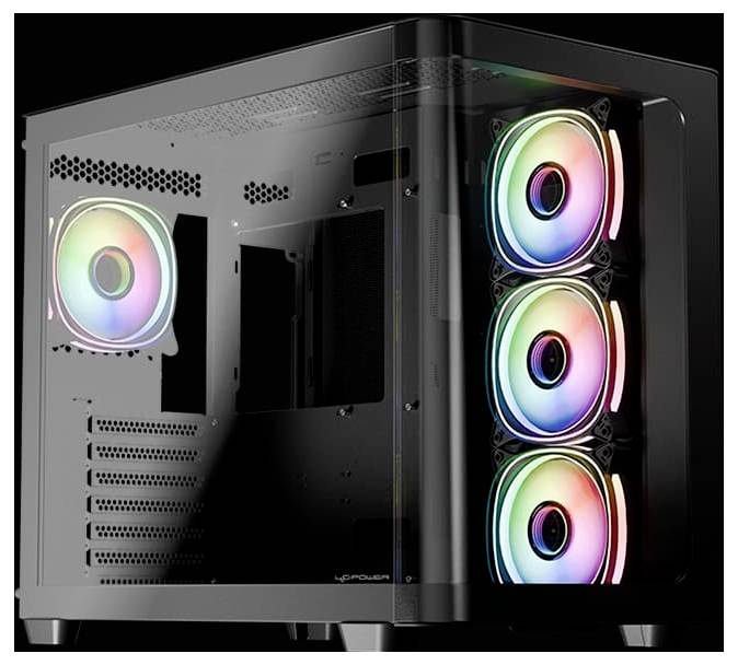 Ein schwarzes Computergehäuse mit einer transparenten Seitenscheibe, die vier RGB-beleuchtete Kühlventilatoren präsentiert.