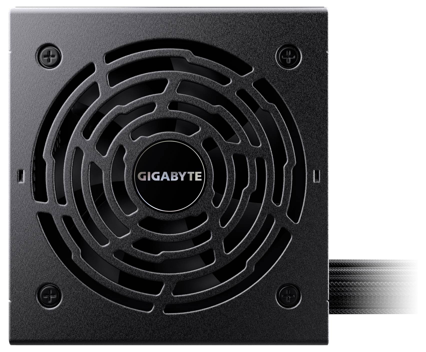 'GIGABYTE' Netzteil mit schwarzem Gehäuse und Lüftungsgitter in der Draufsicht. Sichtbare Kabel an einer Seite.