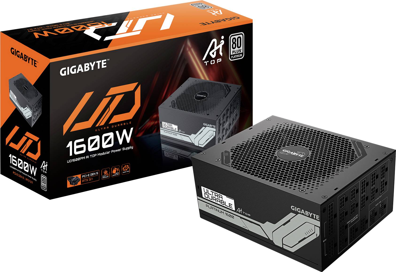 Gigabyte 1600W Netzteil, ATX 3.0, 80 Plus Gold zertifiziert, abgebildet mit Verpackung.
