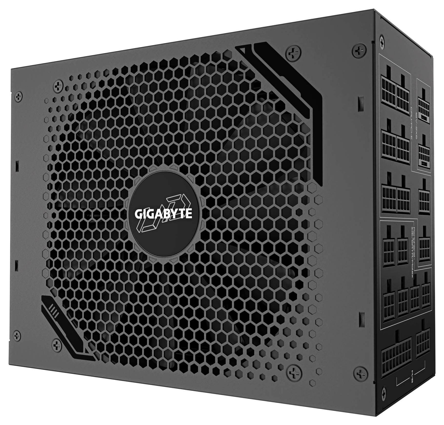 Ein schwarzes PC-Netzteil von Gigabyte mit Hexagonalmuster an der Lüfterabdeckung und mehreren Anschlussmöglichkeiten auf der Seite.