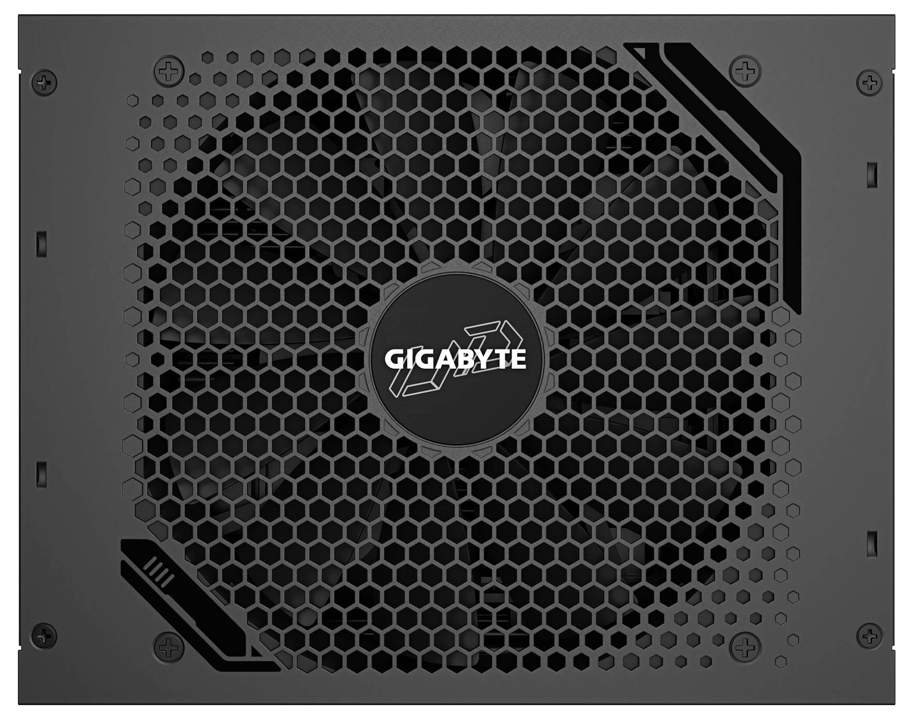Schwarzes Computer-Netzteil mit Gittermuster und zentralem Lüfter. Markentext 'GIGABYTE' in der Mitte des Lüfters.