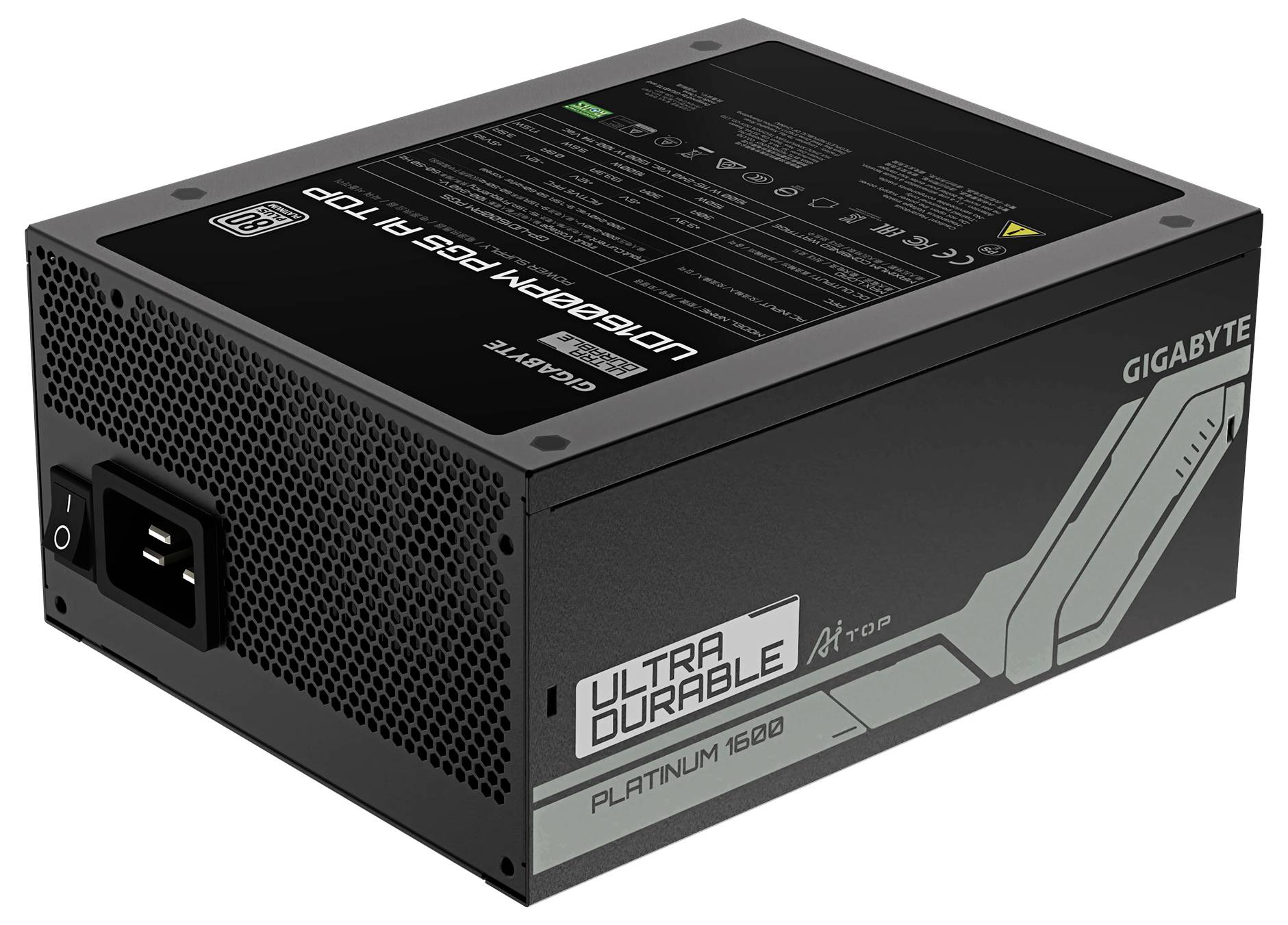 Schwarzes Gigabyte-Netzteil mit Beschriftung 'Ultra Durable Platinum 1200'. Sichtbare Anschlüsse und technische Daten auf der Oberseite.