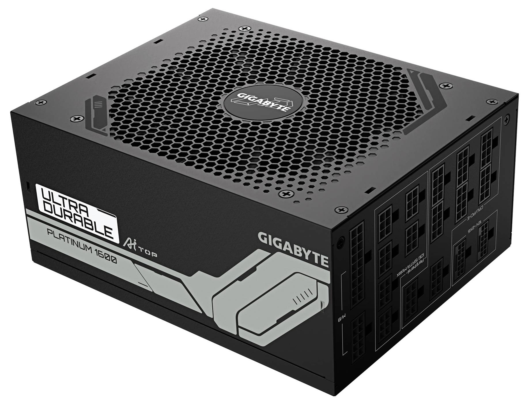 Das Bild zeigt ein Gigabyte-Netzteil der Ultra Durable-Serie mit 1600 Watt Leistung, modularer Bauweise und Belüftung oben.