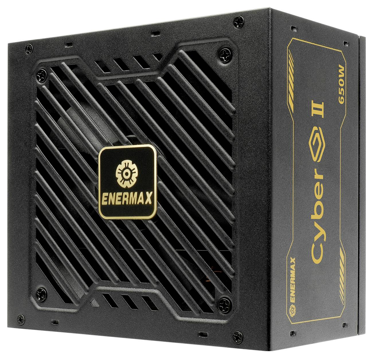 Eine schwarze Enermax Cyber II 650W Netzteil mit einem Kühlventilator und goldenem Logo, entwickelt für Desktop-Computer.