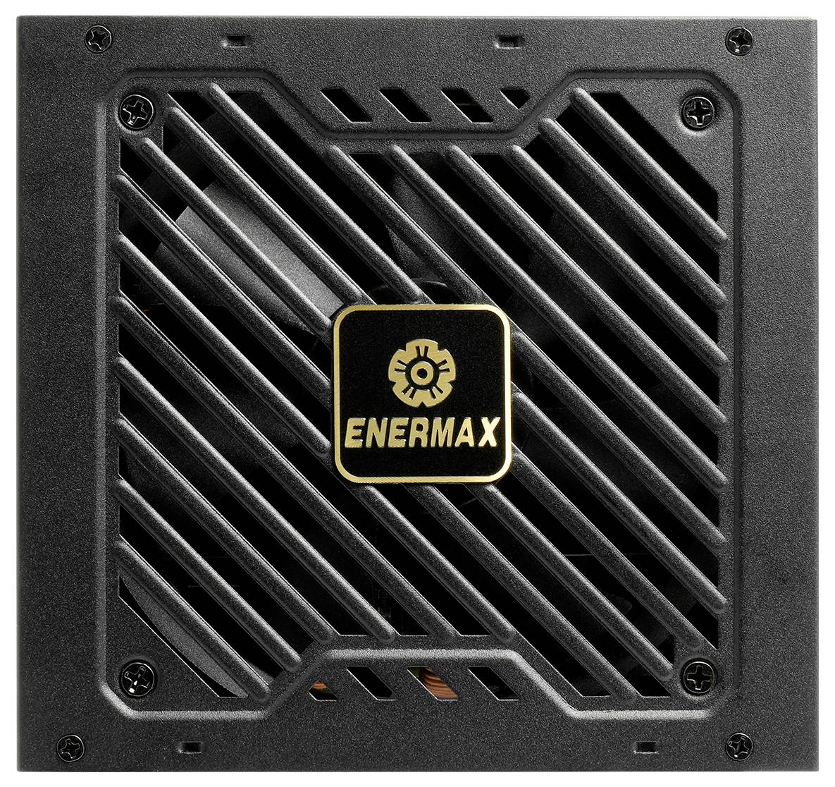 Ein schwarzes Enermax-Netzteil mit quadratischer Form und einem zentralen Lüfter, mit einem goldenen Enermax-Logo in der Mitte.