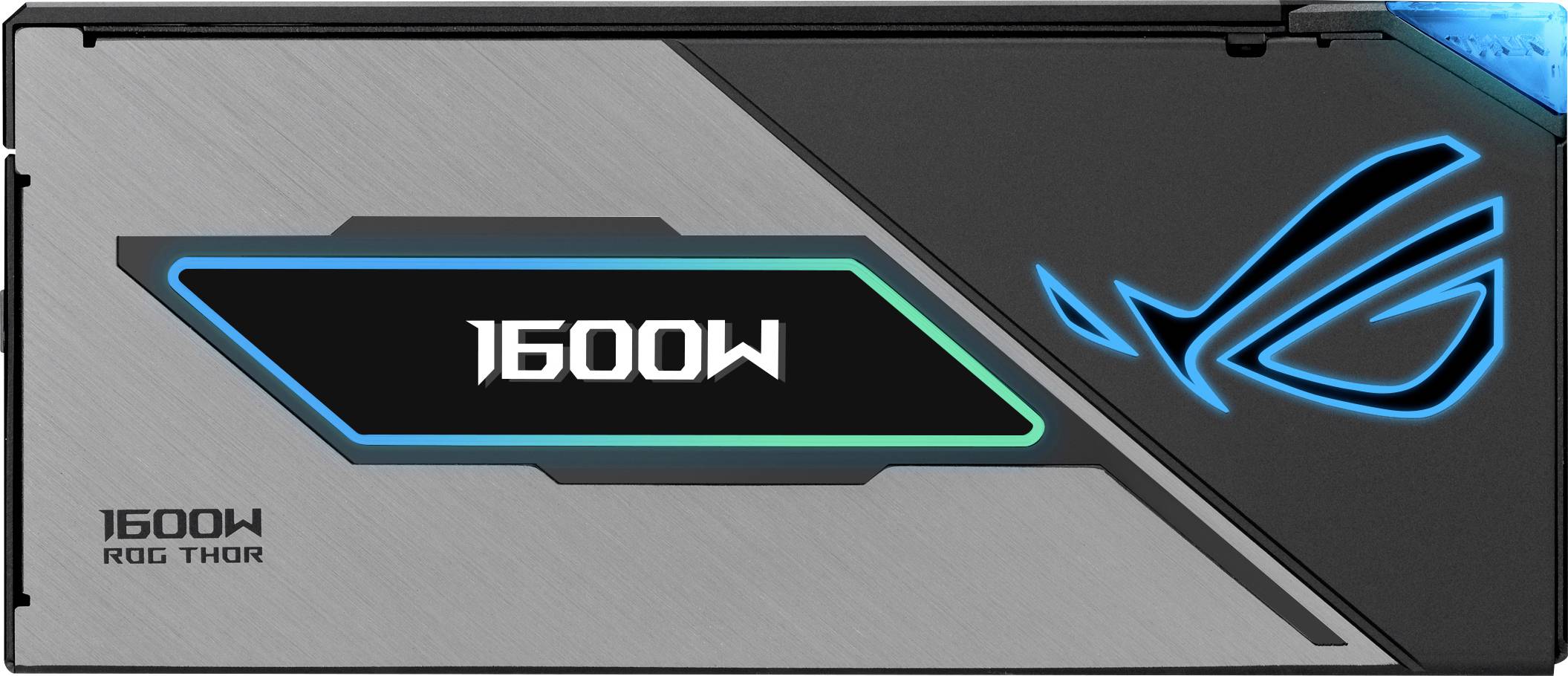 Netzteil-Design mit der Aufschrift '1600W', beleuchtet in Blau und Grün. ROG Logo leuchtet rechts, matte Silber- und Schwarztöne.