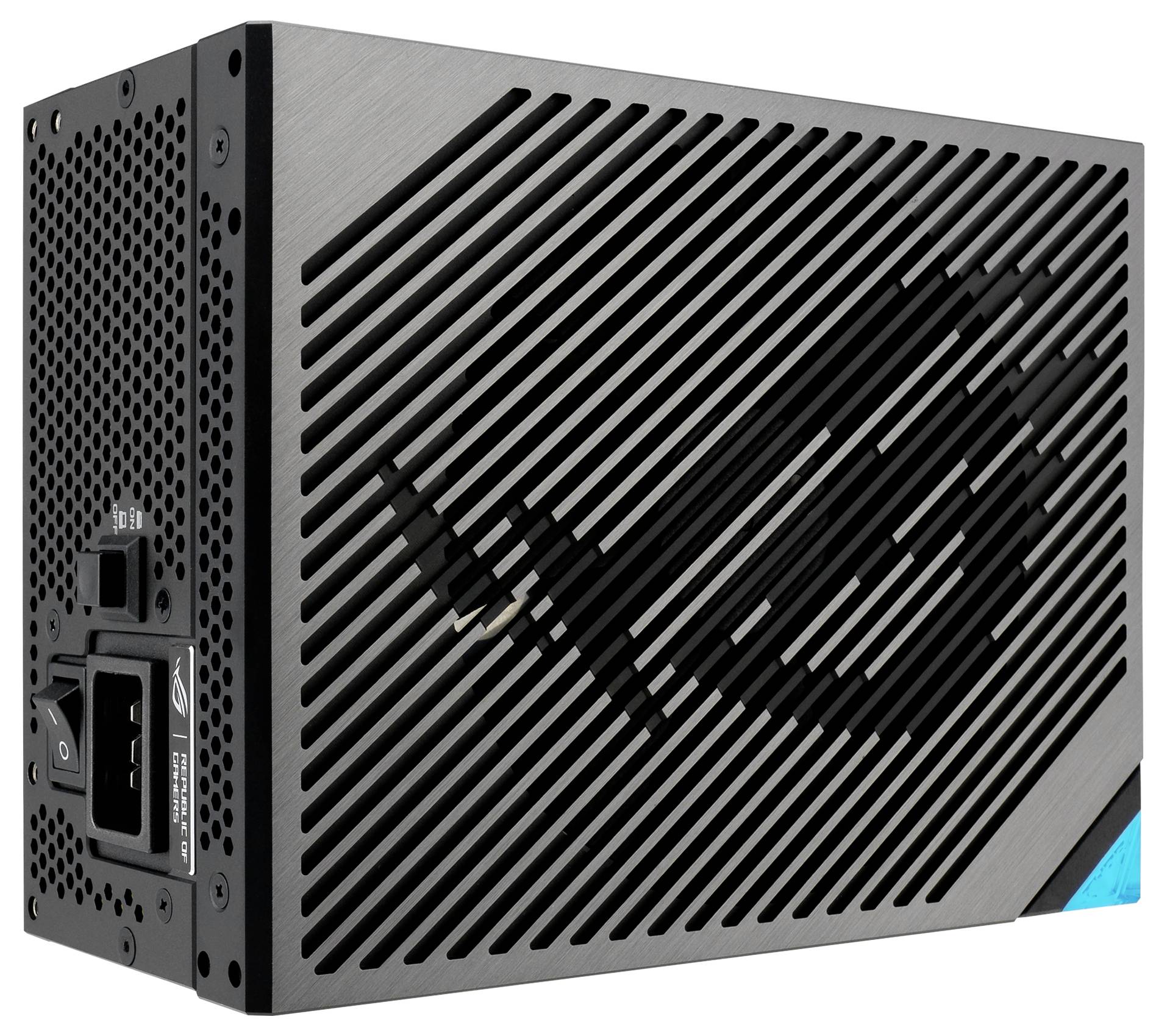 Schwarzes Computernetzteil in rechteckiger Form mit diagonalem Lüftungsgitter und sichtbarem ROG-Logo auf der Oberseite.