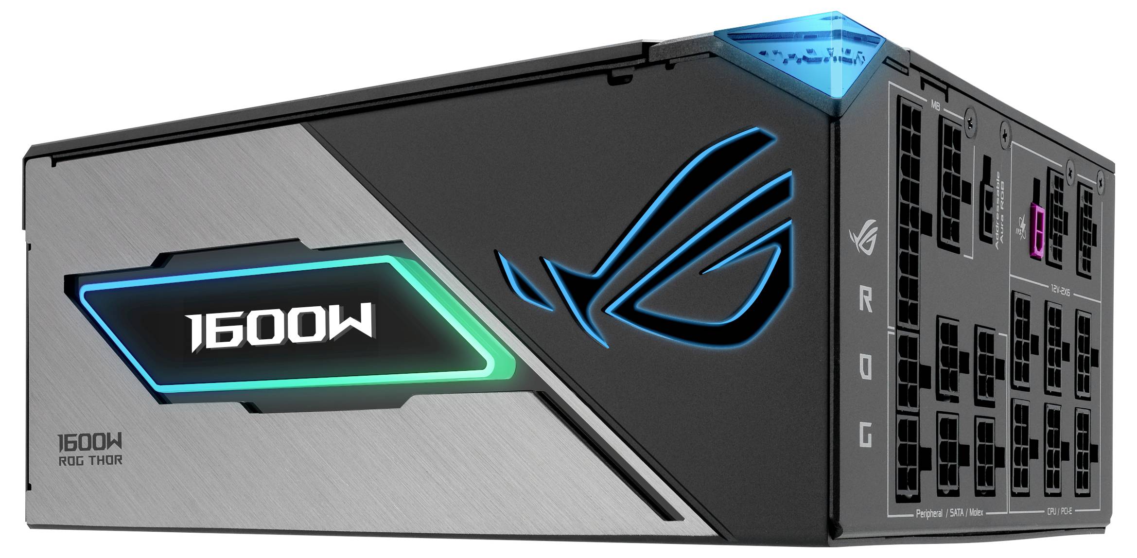 Ein schwarzes Computer-Netzteil mit blau leuchtendem Logo und der Aufschrift '1600W'. Modell: ROG Thor 1600W. Mehrere Anschlüsse sichtbar.