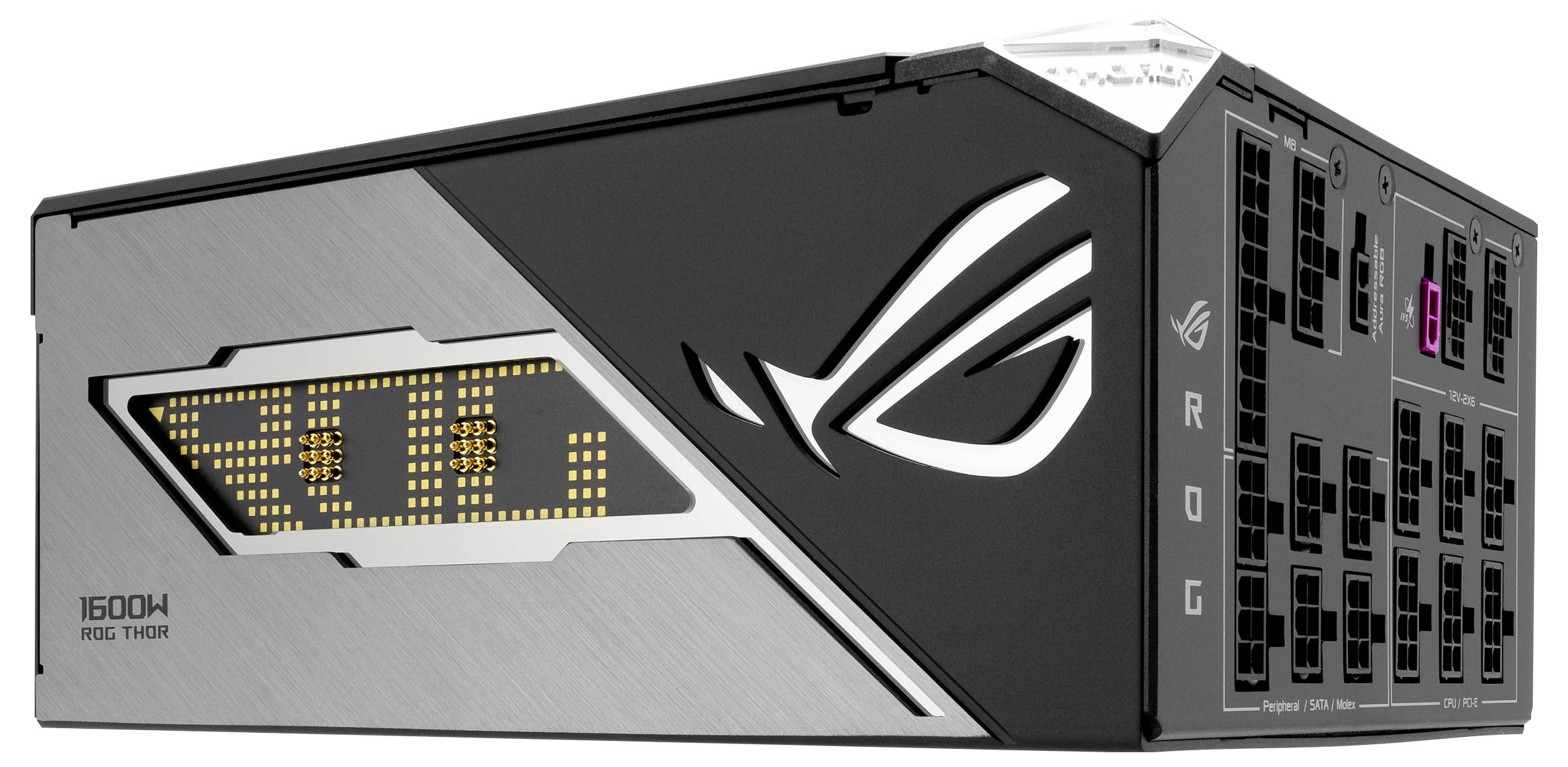 Computer-Netzteil mit ASUS-Logo, LED-Anzeige und mehreren Anschlussports seitlich. Markierung '1600W ROG Thor' rechts unten.