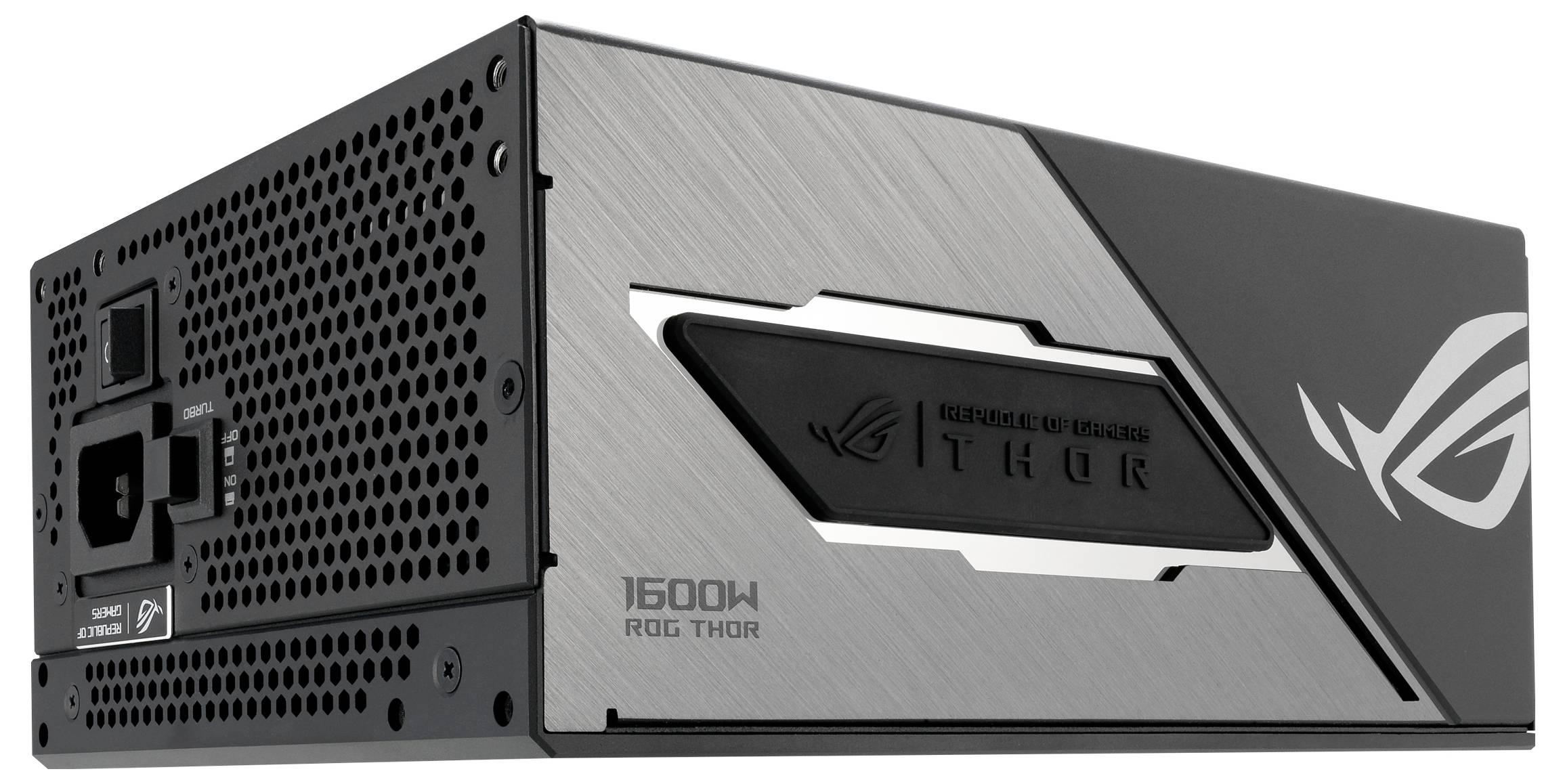 'Asus ROG Thor 1600W' Netzteil, schwarz mit silbernen Akzenten und Lüftungsschlitzen. Geeignet für leistungsstarke Gaming-PCs.