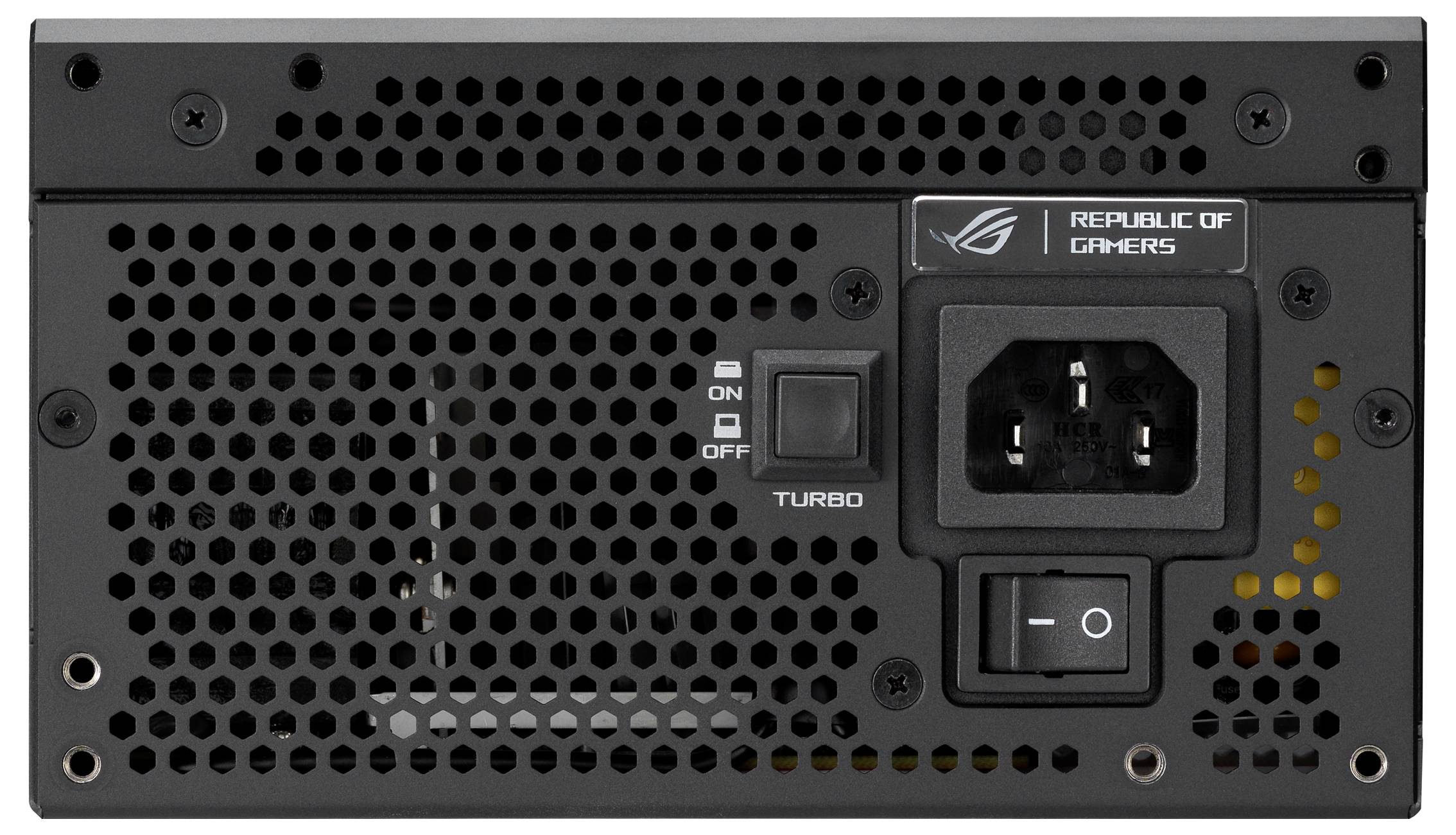 Eine schwarze Gaming-PC-Stromversorgungseinheit mit Lüftungsgitter, Ein/Aus-Schalter und dem Logo 'Republic of Gamers'.