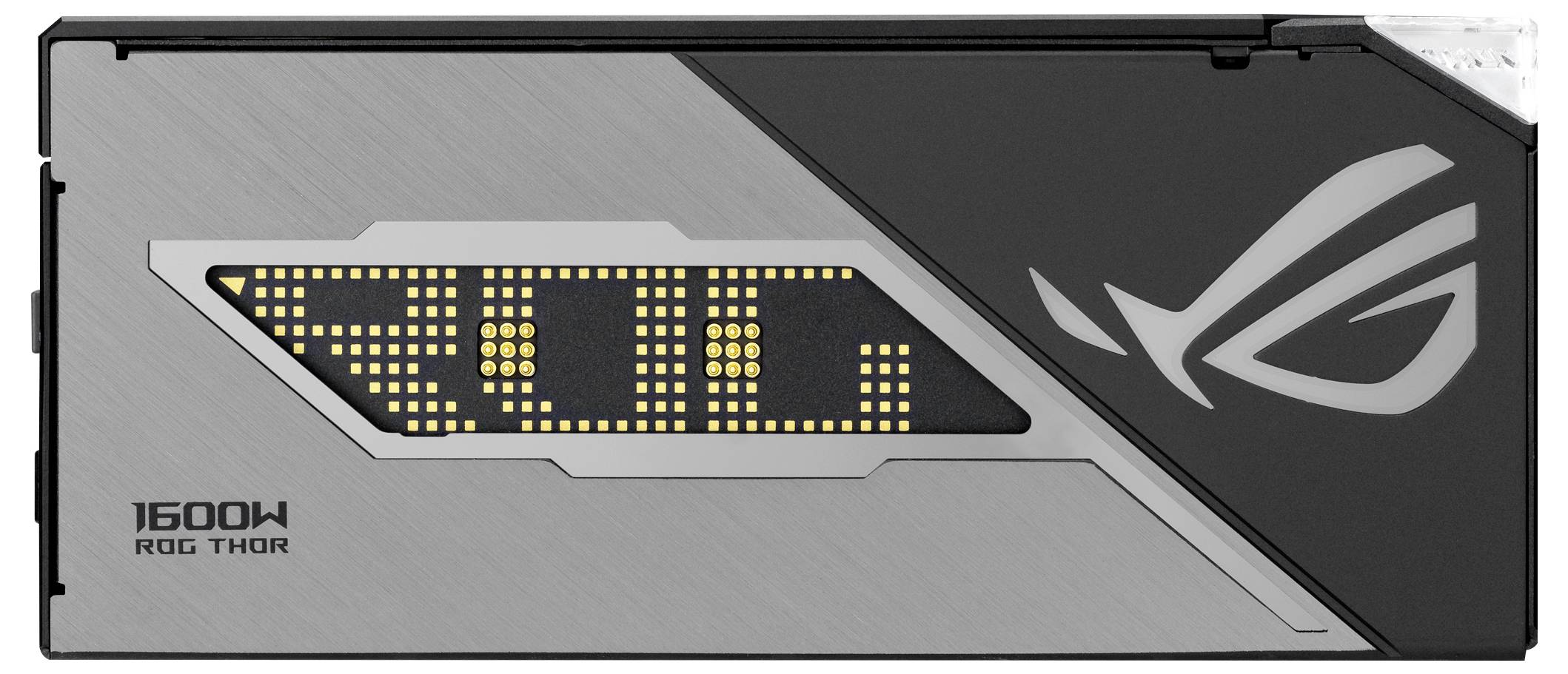 Computernetzteil '1600W ROG THOR' mit LED-Anzeige und markantem Logo rechts auf der grauen und schwarzen Oberfläche.