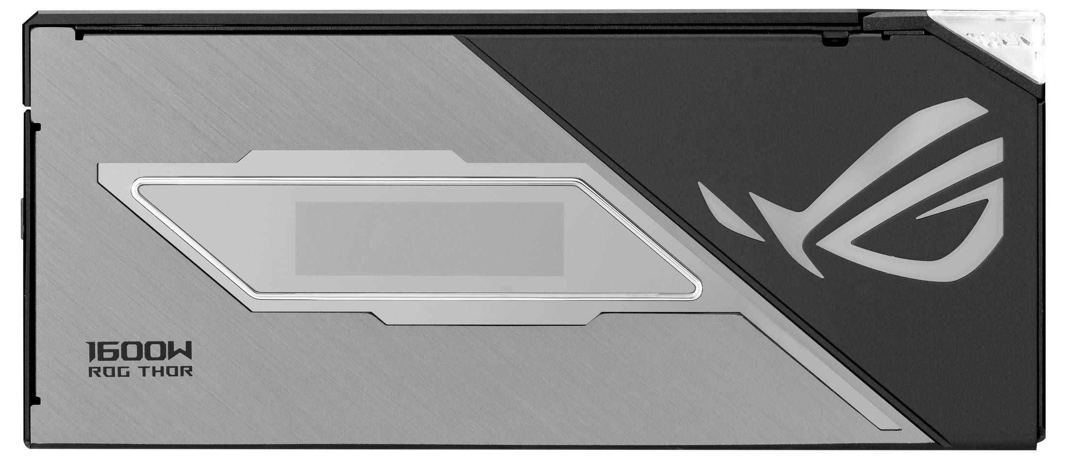 Schwarze und graue Netzteilabdeckung mit 'ROG'-Logo und '1600W' Aufschrift. Rechteckiges Design, geeignet für PC-Hardware.