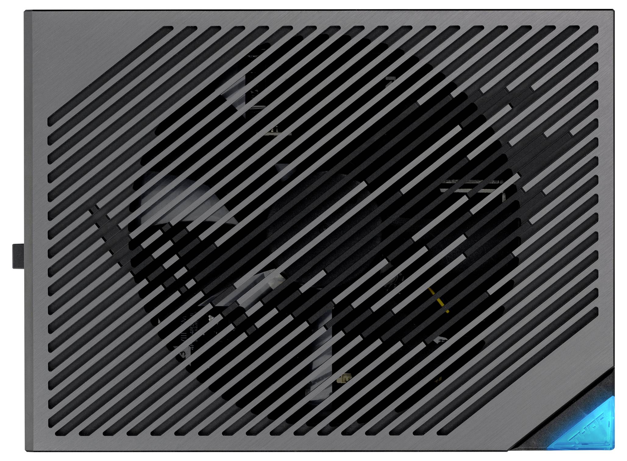 Schwarzes Computer-Netzteil mit Lüftergitter, das die Lüfterblätter verdeckt; Hauptkomponente für Stromversorgung von PCs.