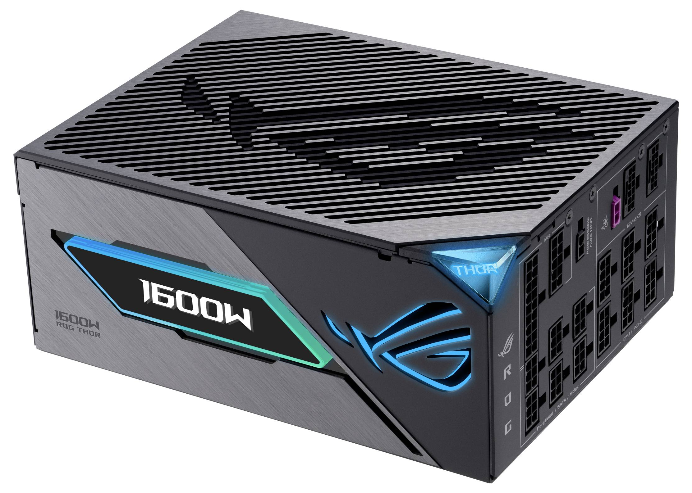 Grafikkarte ASUS Thor 1600W, schwarz-metallic mit blauer und grüner Beleuchtung.