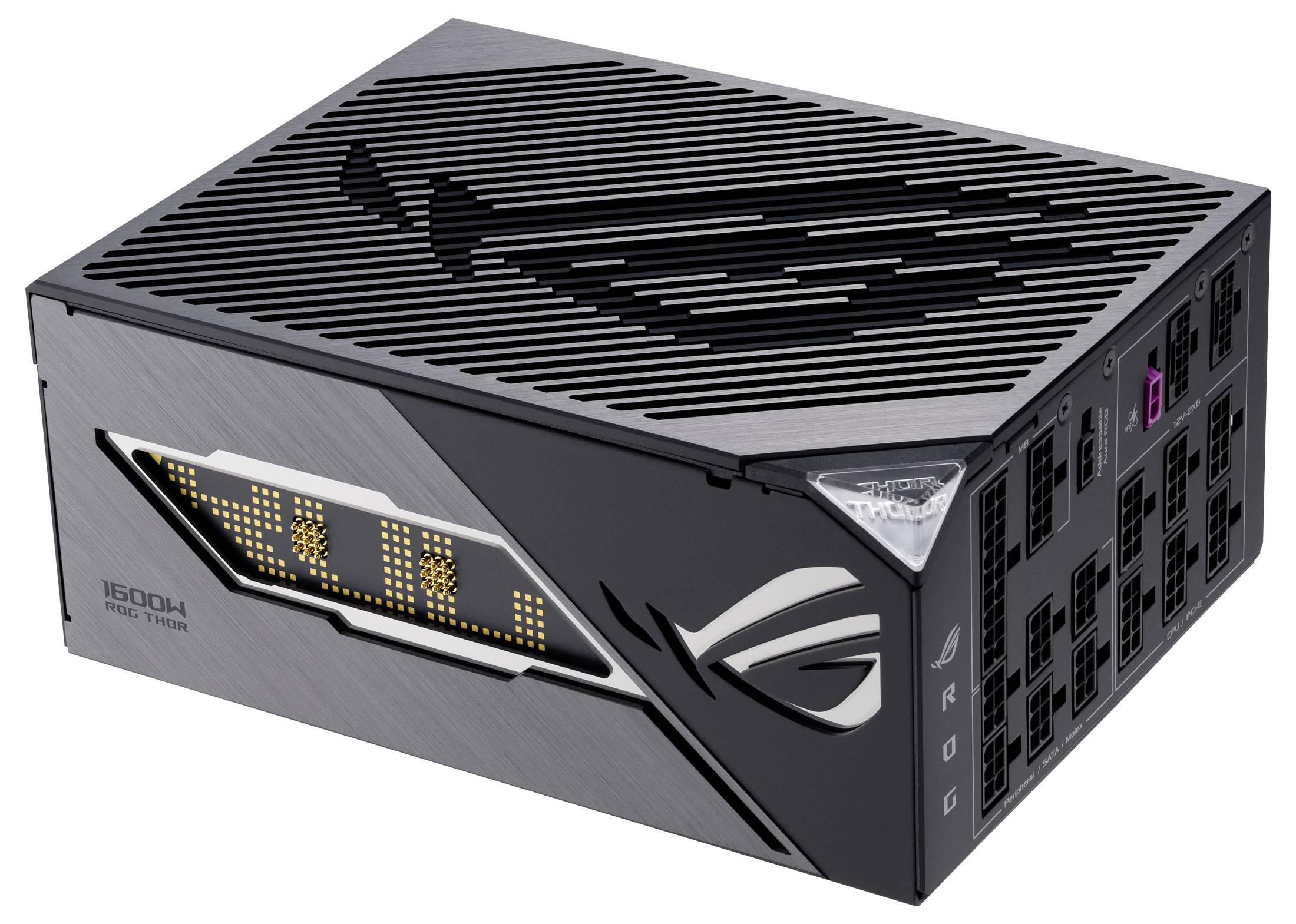 PC-Netzteil mit schwarzen Gehäuse-Elementen und Lüftungsschlitzen. Seitlich LED-Anzeige mit '1600W'. Mehrere Anschlussbuchsen sichtbar.