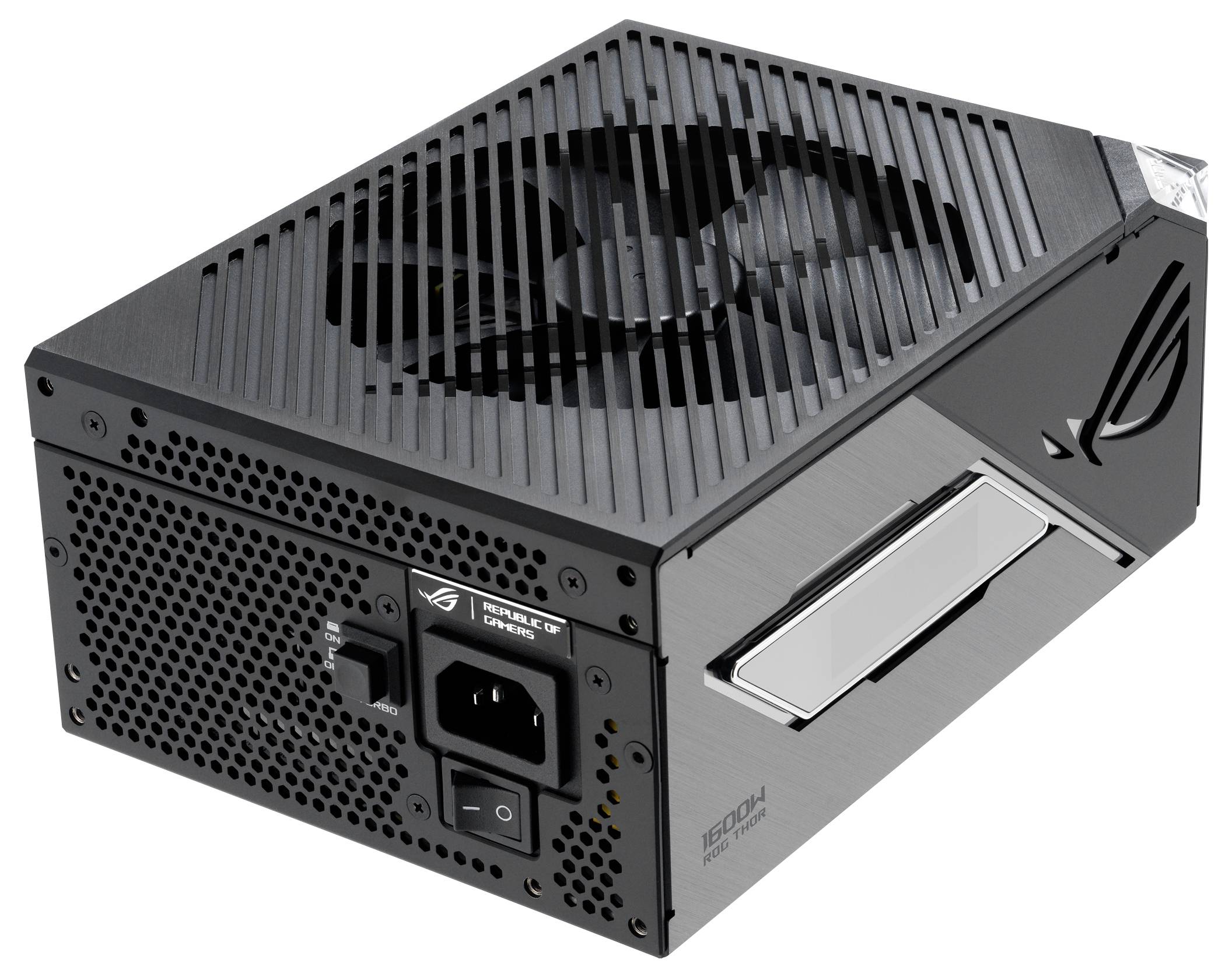 Schwarzes PC-Netzteil mit Lüfter an der Oberseite und Anschluss für Stromkabel. Der ASUS ROG-Logo befindet sich auf der Seite.