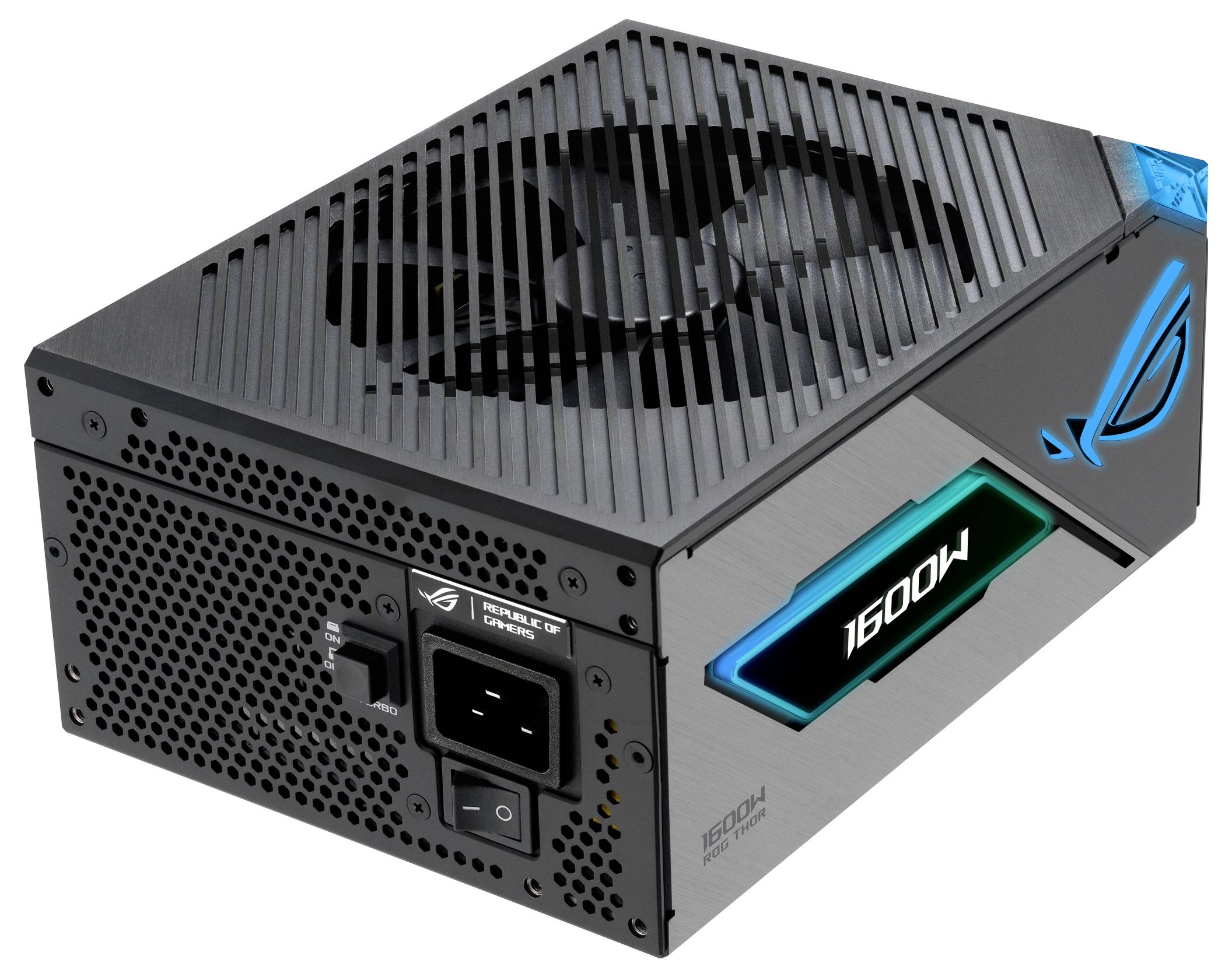 Ein schwarzes PC-Netzteil mit Lüfter, RGB-Beleuchtung und der Aufschrift '1600W'. Geeignet für Hochleistungs-Computeranwendungen.