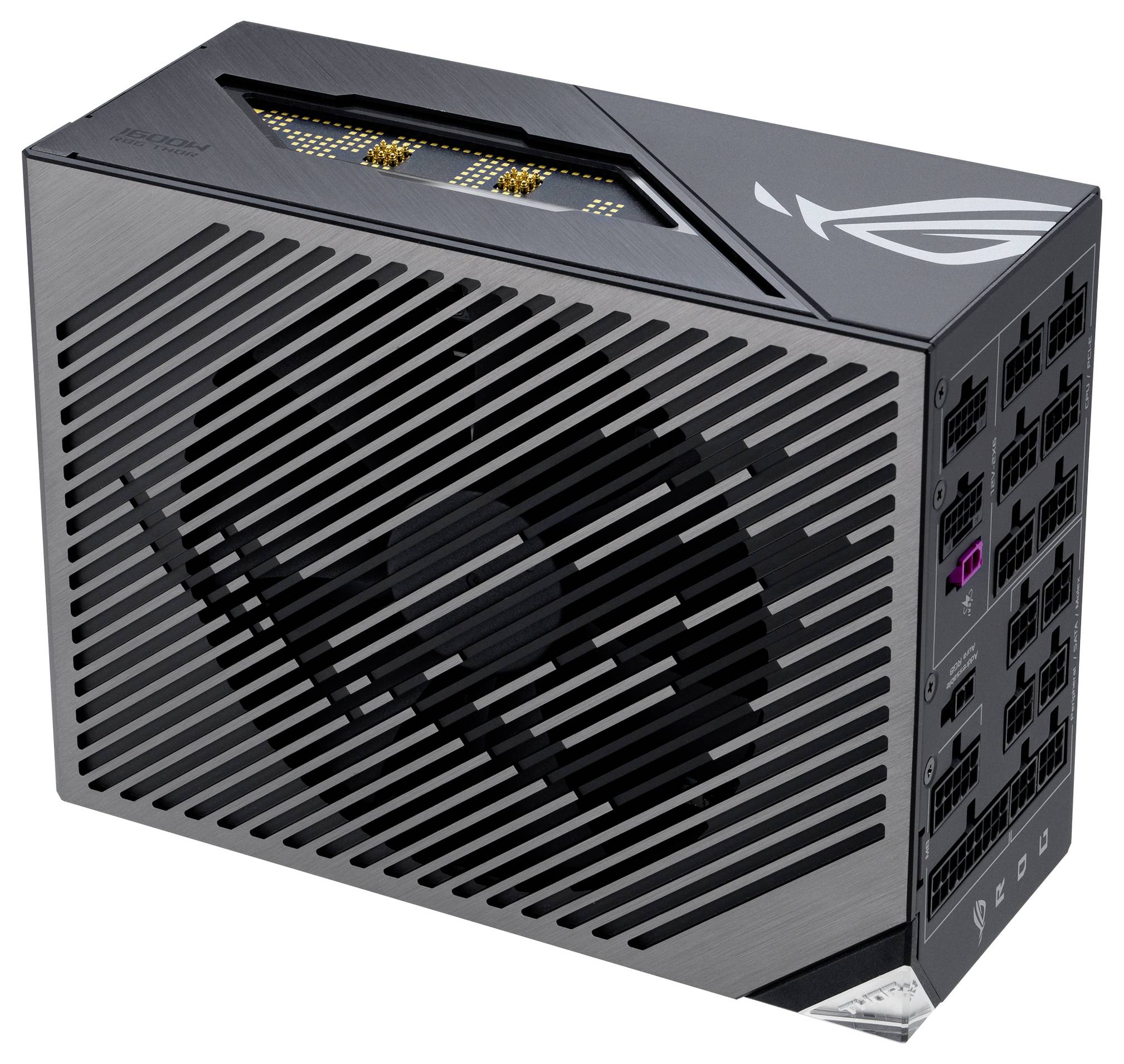 Computernetzteil mit integriertem Lüfter und mehreren Anschlussmöglichkeiten. Gehäuse hat diagonale Lüftungsschlitze.