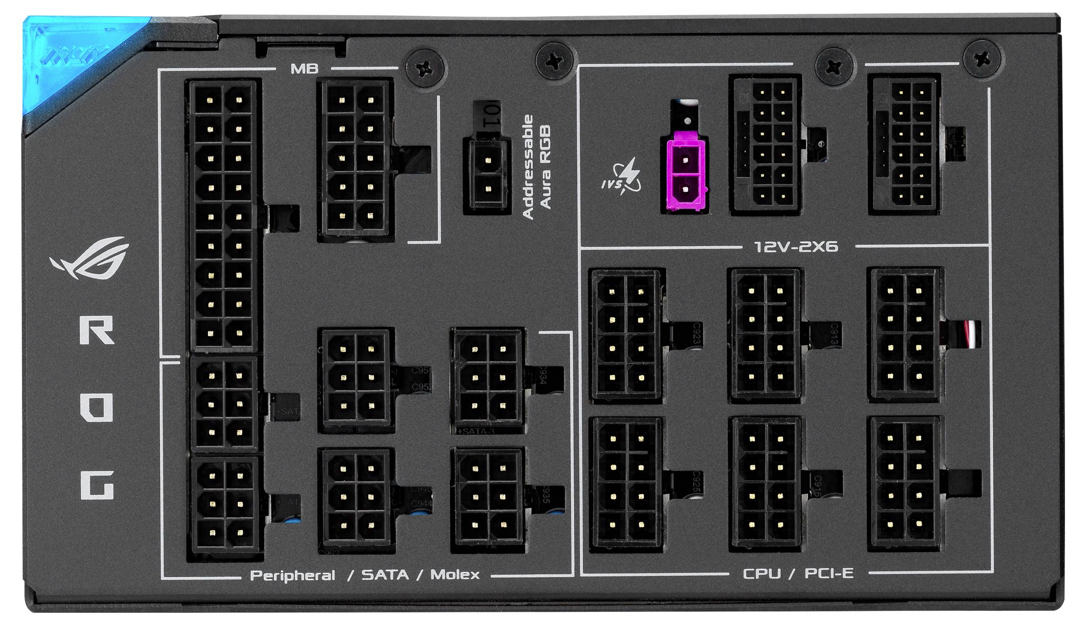 Rückseite eines PC-Netzteils mit mehreren Anschlüssen, u.a. Peripheral/SATA/Molex, MB, CPU/PCIE und 12V-Anschlüsse.