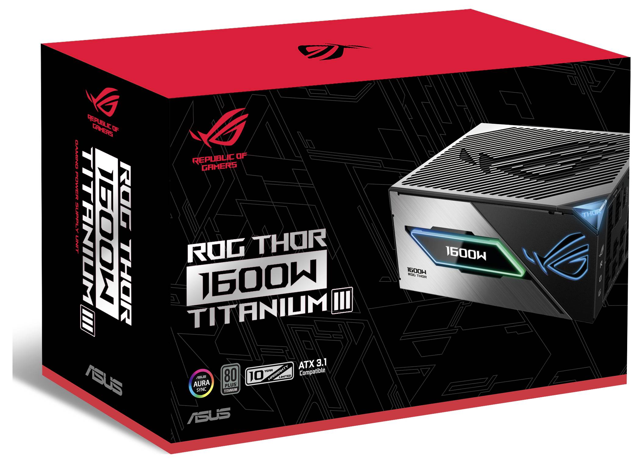 Schwarze und rote Verpackung einer ASUS ROG Thor 1600W Titanium Netzteil-Einheit mit RGB-Beleuchtung und 80 PLUS Titanium Zertifizierung.