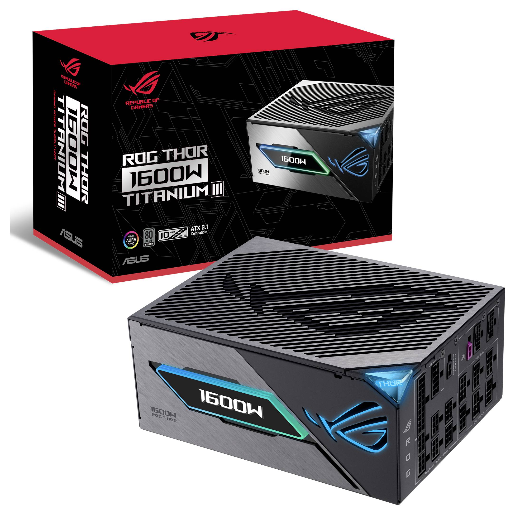 ASUS ROG Thor 1600W Titanium Netzteil, abgebildet mit Verpackung. Verfügt über OLED-Anzeige und RGB-Beleuchtung.