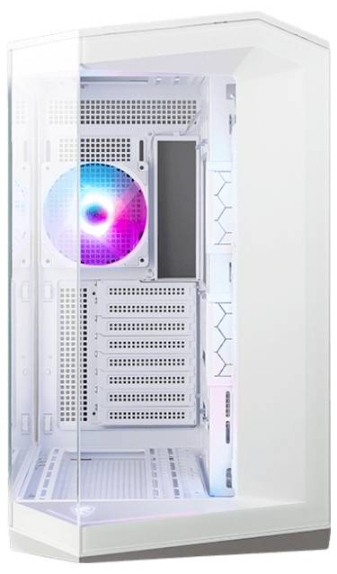 Weißes Computergehäuse mit Glasfront und beleuchtetem Lüfter.