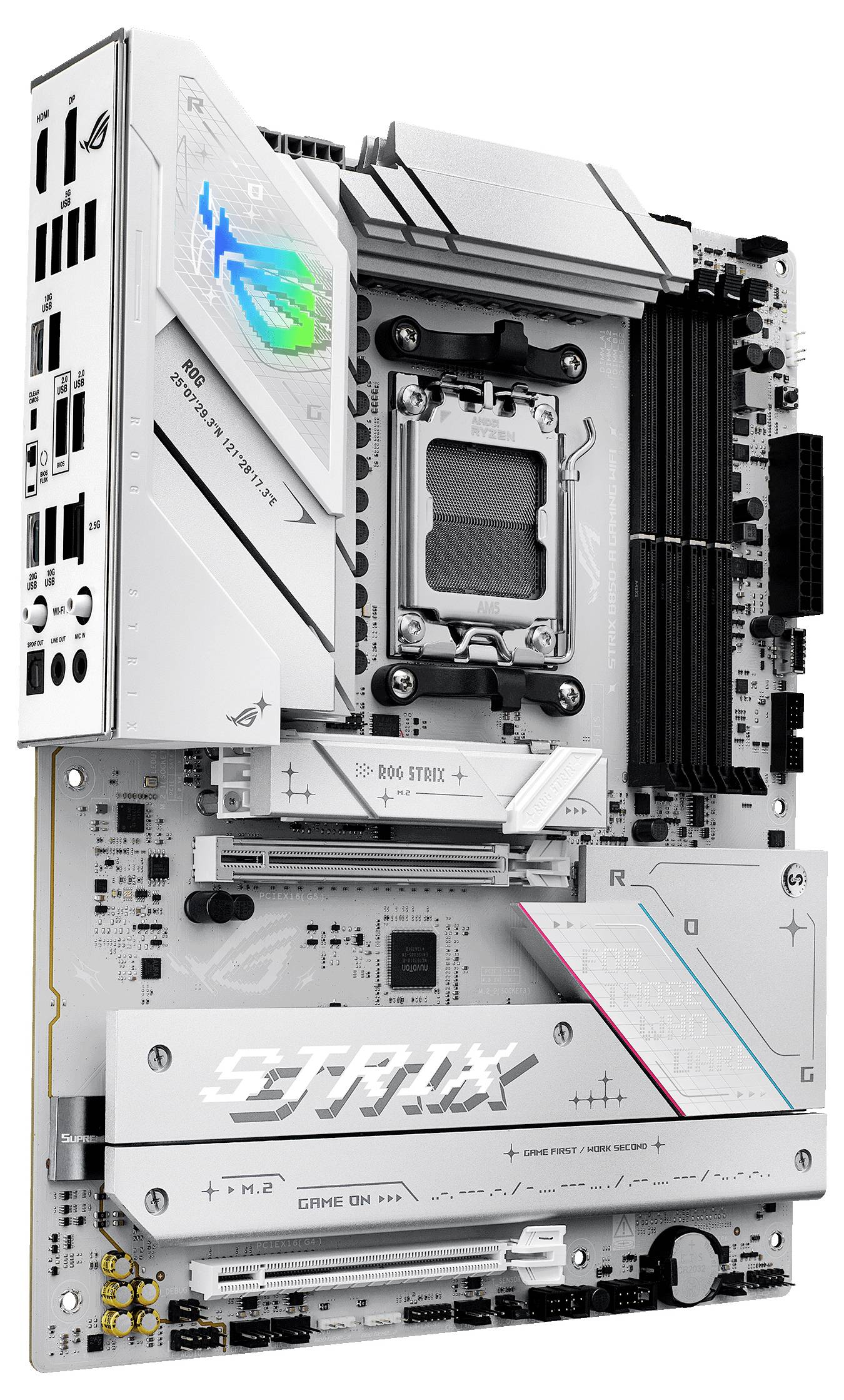 Ein weißes Computer-Motherboard mit Kühlkörpern, mehreren Anschlüssen und 'STRIX'-Schriftzug. Geeignet für fortschrittliche Gaming-Systeme.