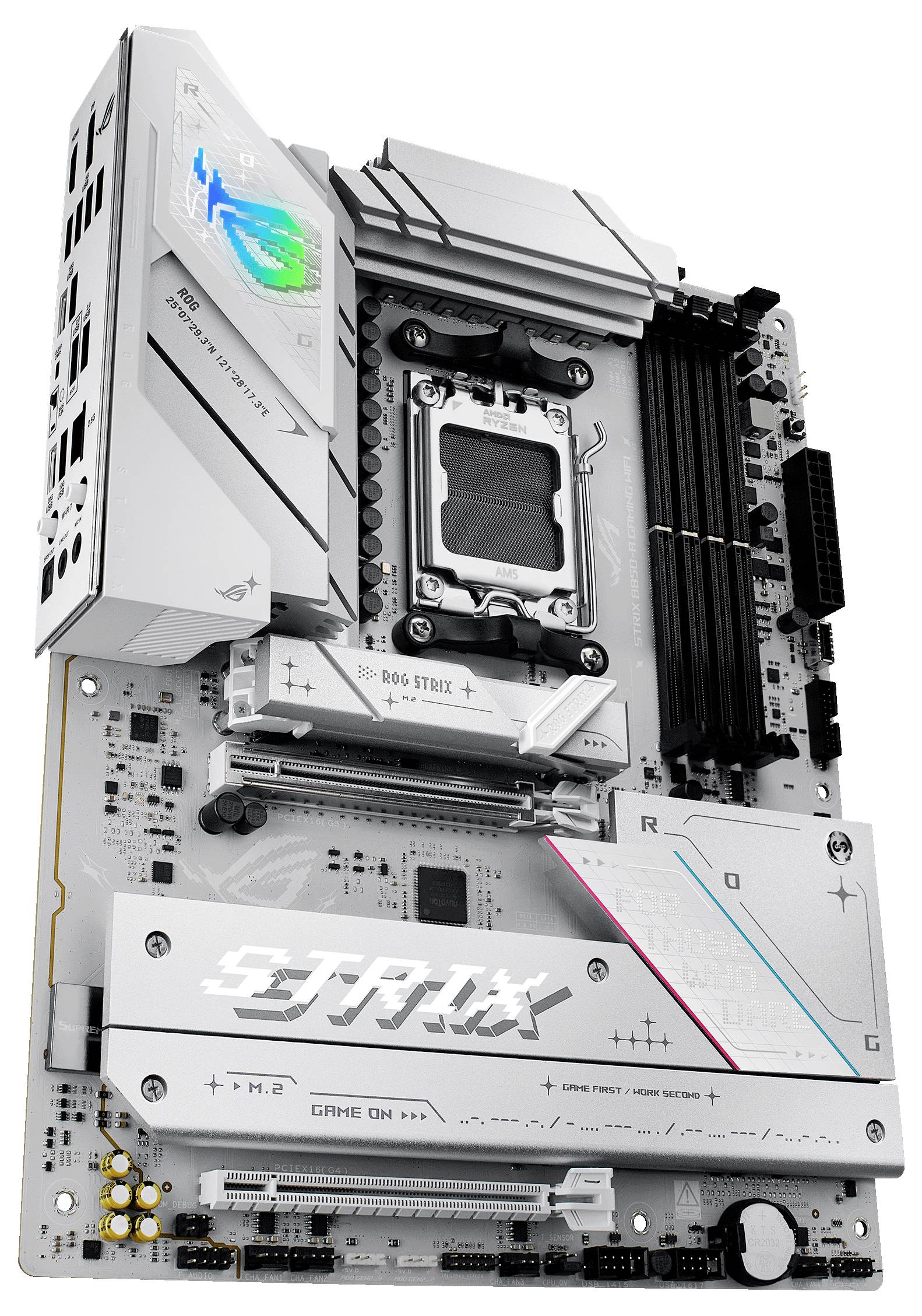 Ein moderner Computer-Mainboard mit silber-weißen Kühlkörpern, mehreren Ports und Steckplätzen. Markenname 'STRIX' ist sichtbar.