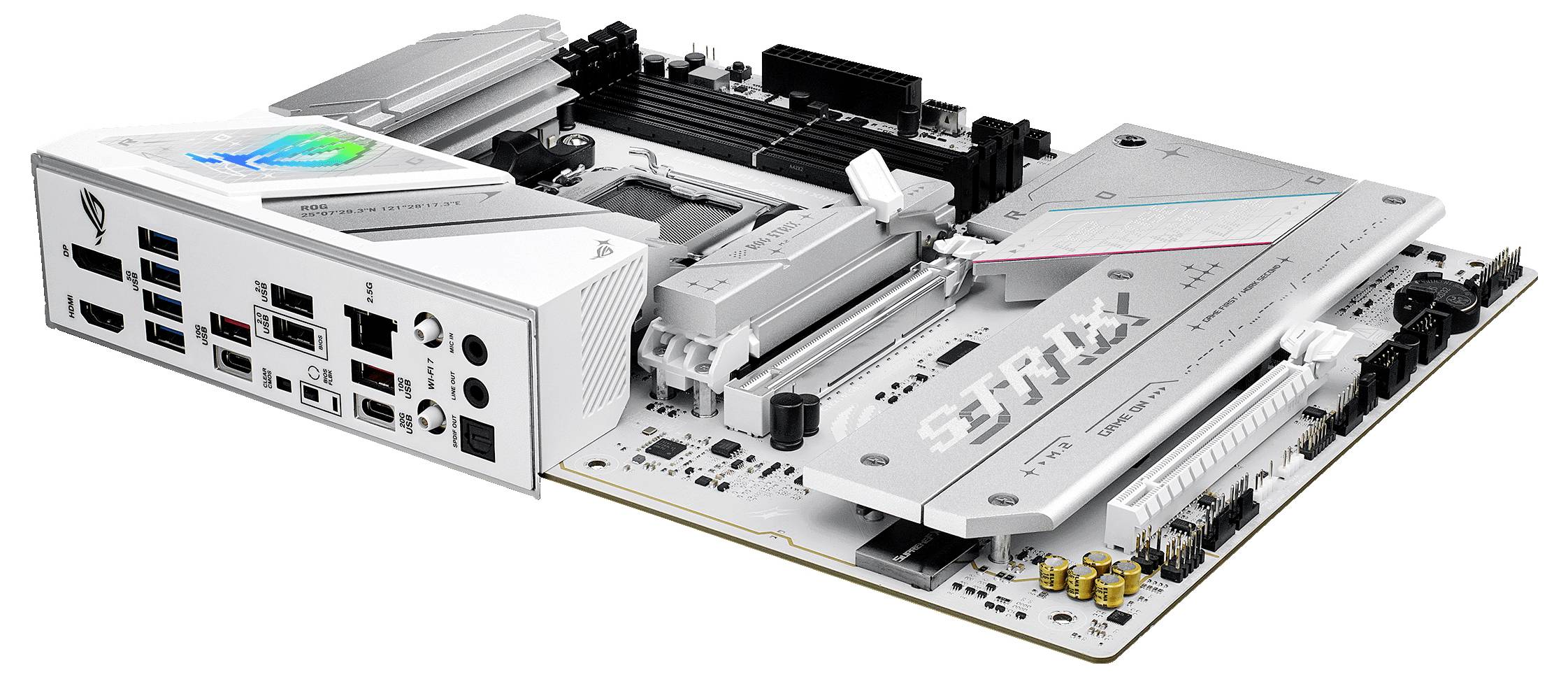 Ein weißes Computer-Mainboard mit mehreren Anschlüssen und Steckplätzen, darunter USB- und Ethernet-Ports. Markierung 'STRIX'.
