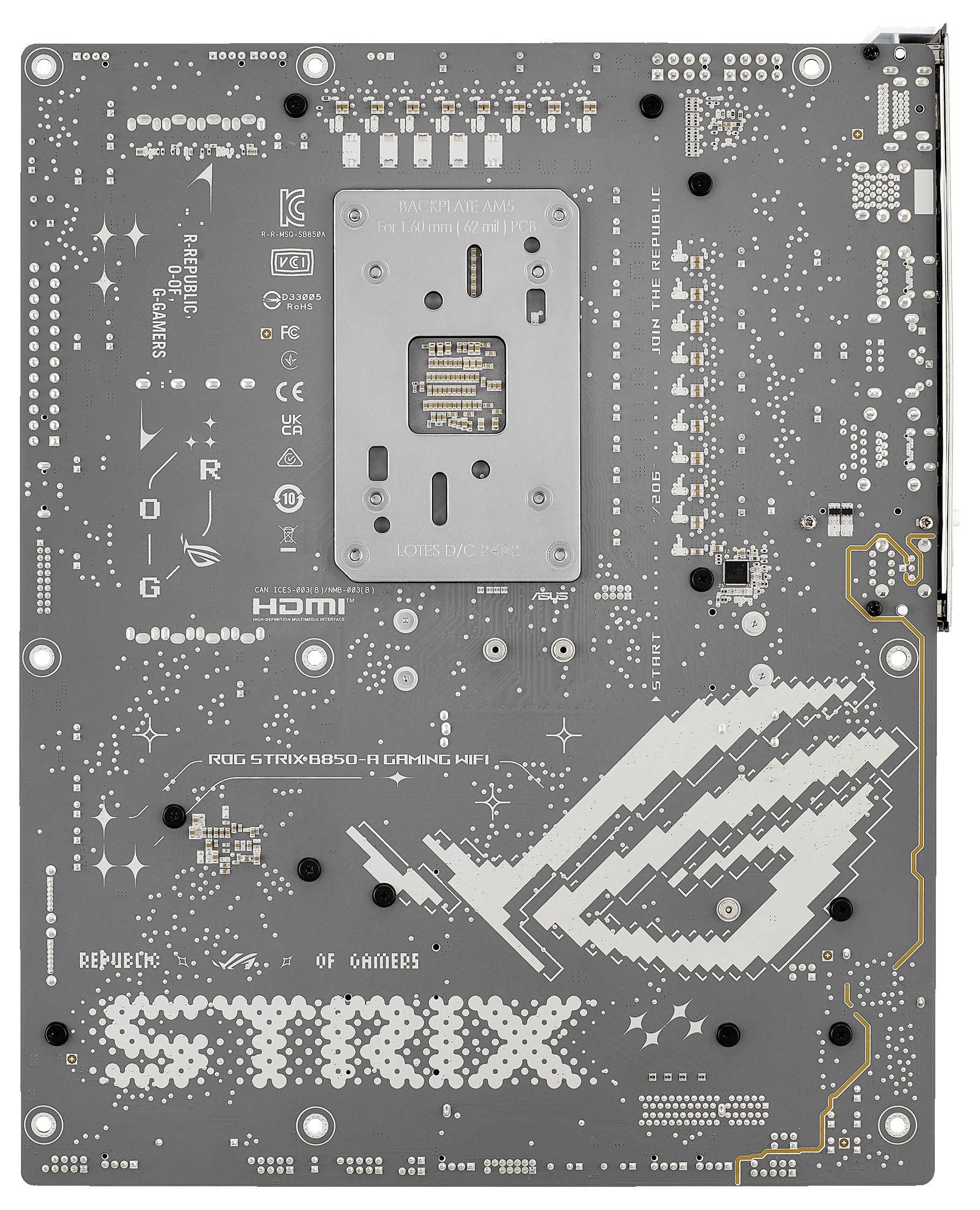 Rückseite einer Computermotherboard mit Label 'Republic of Gamers' und Logo in Grau. Sichtbar sind diverse Anschlüsse und Schaltkreise.