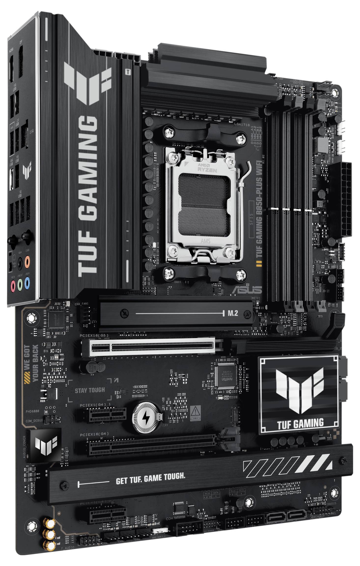 Schwarzes ASUS TUF Gaming-Mainboard mit verschiedenen Anschlüssen und einem auffälligen Kühlerdesign. Text: 'TUF GAMING'.