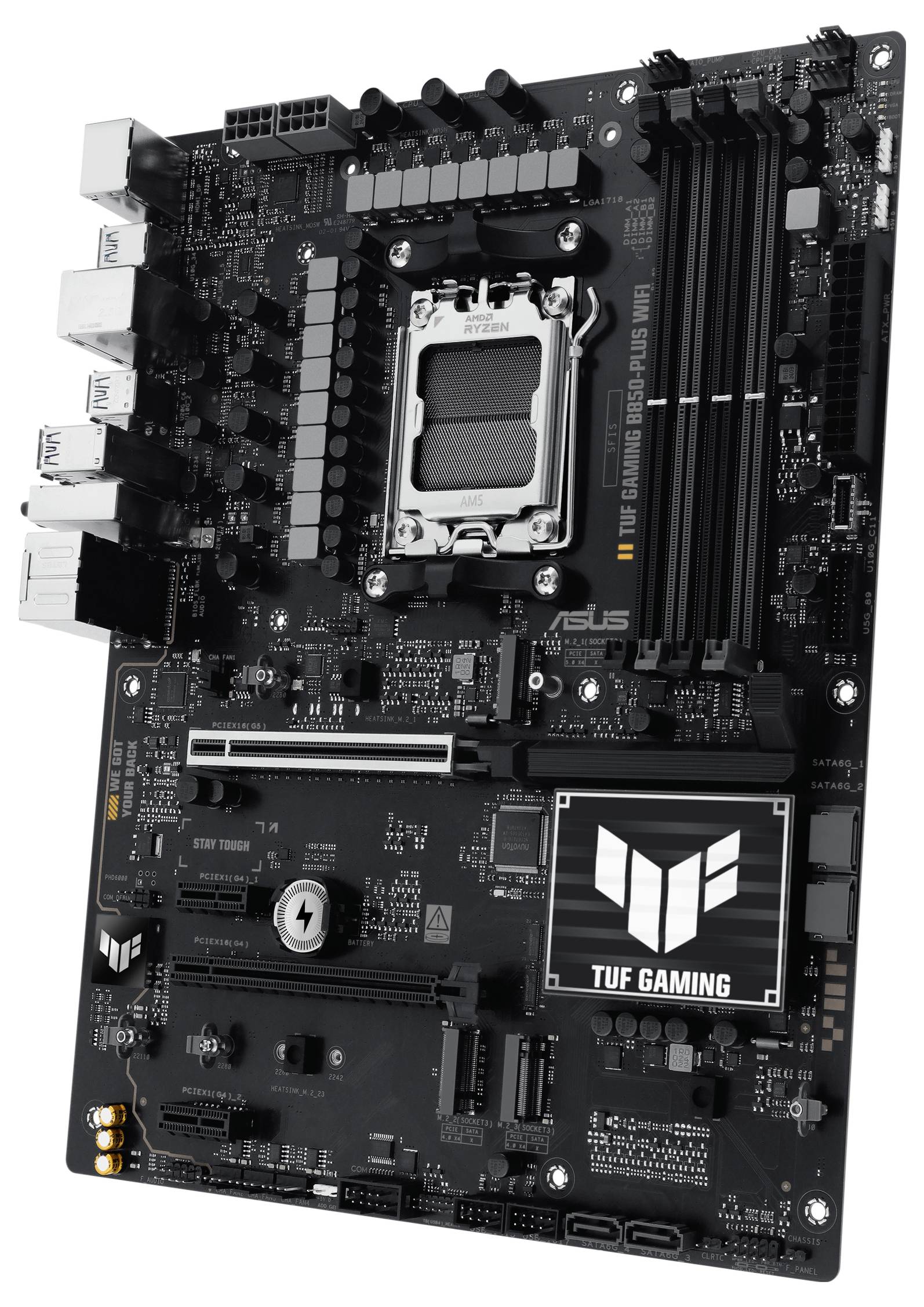 Eine schwarze ASUS TUF Gaming-Motherboard mit mehreren Steckplätzen und Anschlüssen, geeignet für die Unterstützung moderner Computerkomponenten.
