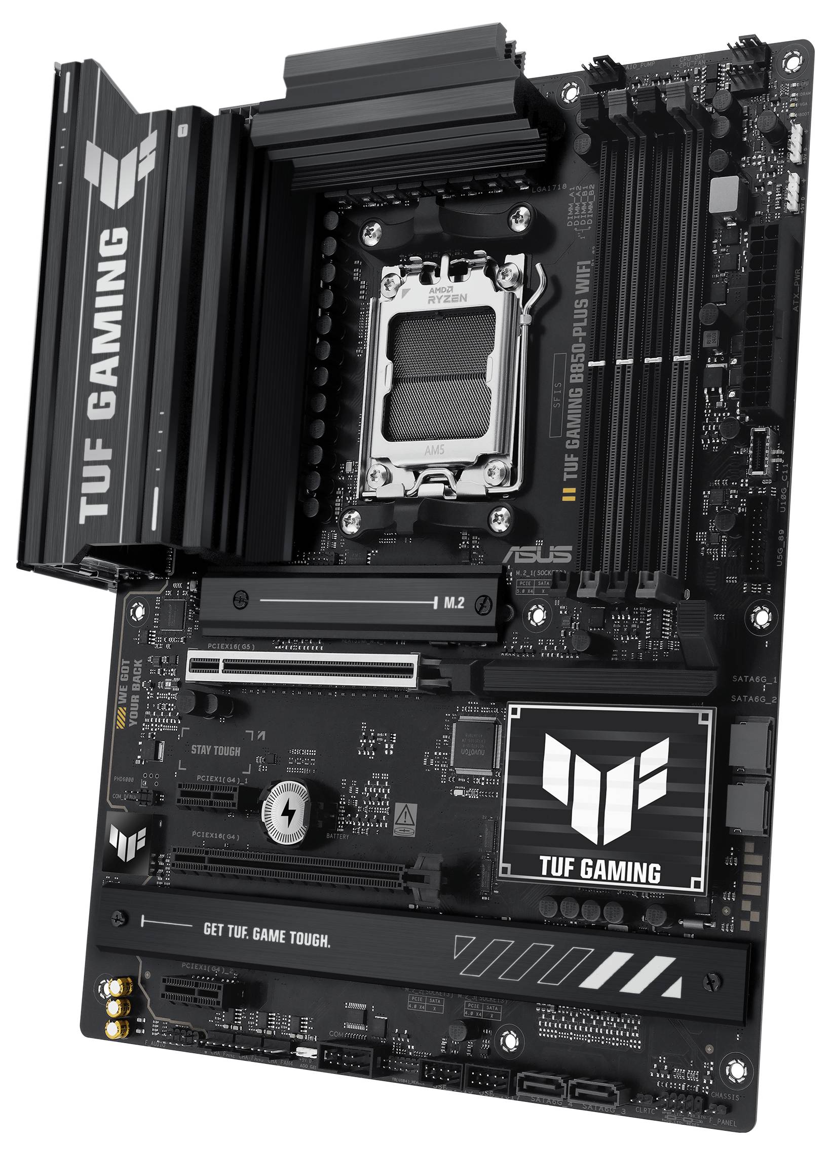 Schwarzes ASUS TUF Gaming-Motherboard mit mehreren Anschlüssen und einem großen Kühlkörper, geeignet für leistungsstarke Computer.
