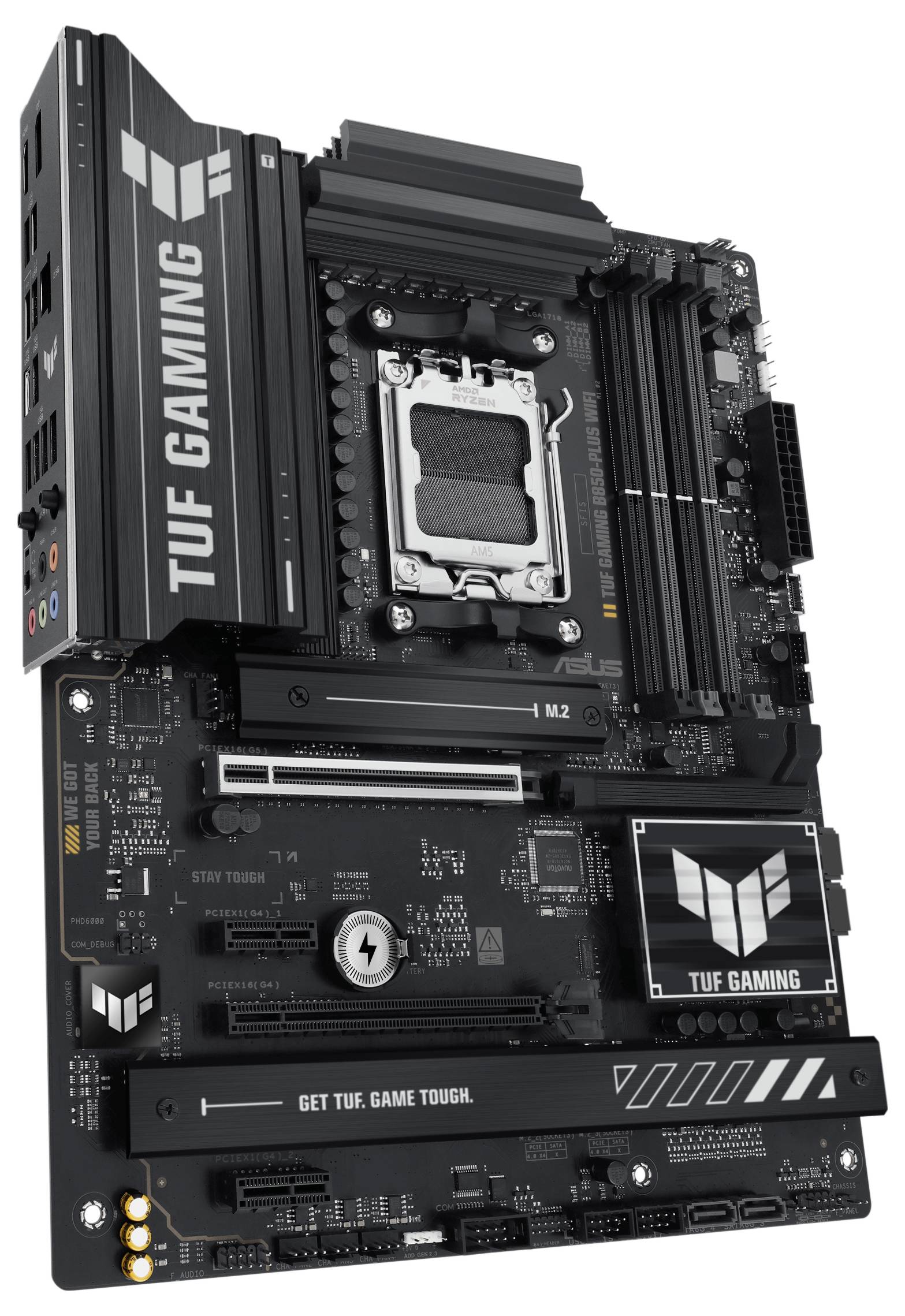 Ein schwarzes Motherboard mit 'TUF Gaming'-Logo, mehreren Steckplätzen und Kühlkörpern. Es ist für Gaming-PCs konzipiert.