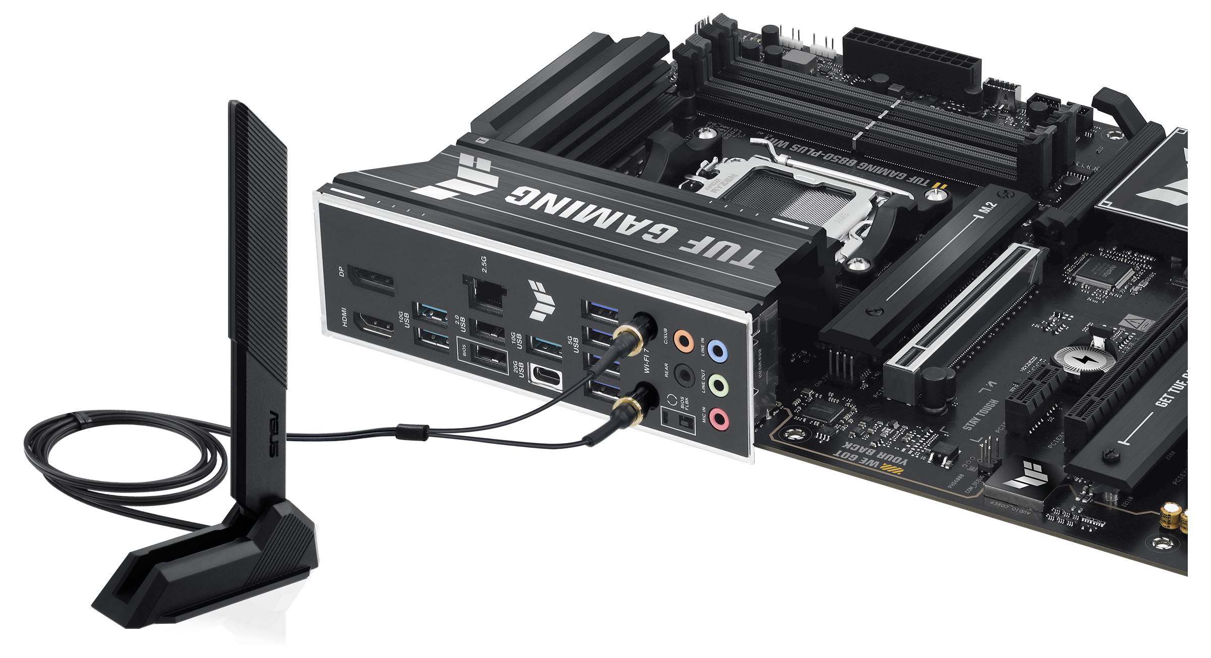 Motherboard der Serie TUF Gaming mit integriertem WiFi-Antennenanschluss, mehreren USB- und Audiobuchsen.