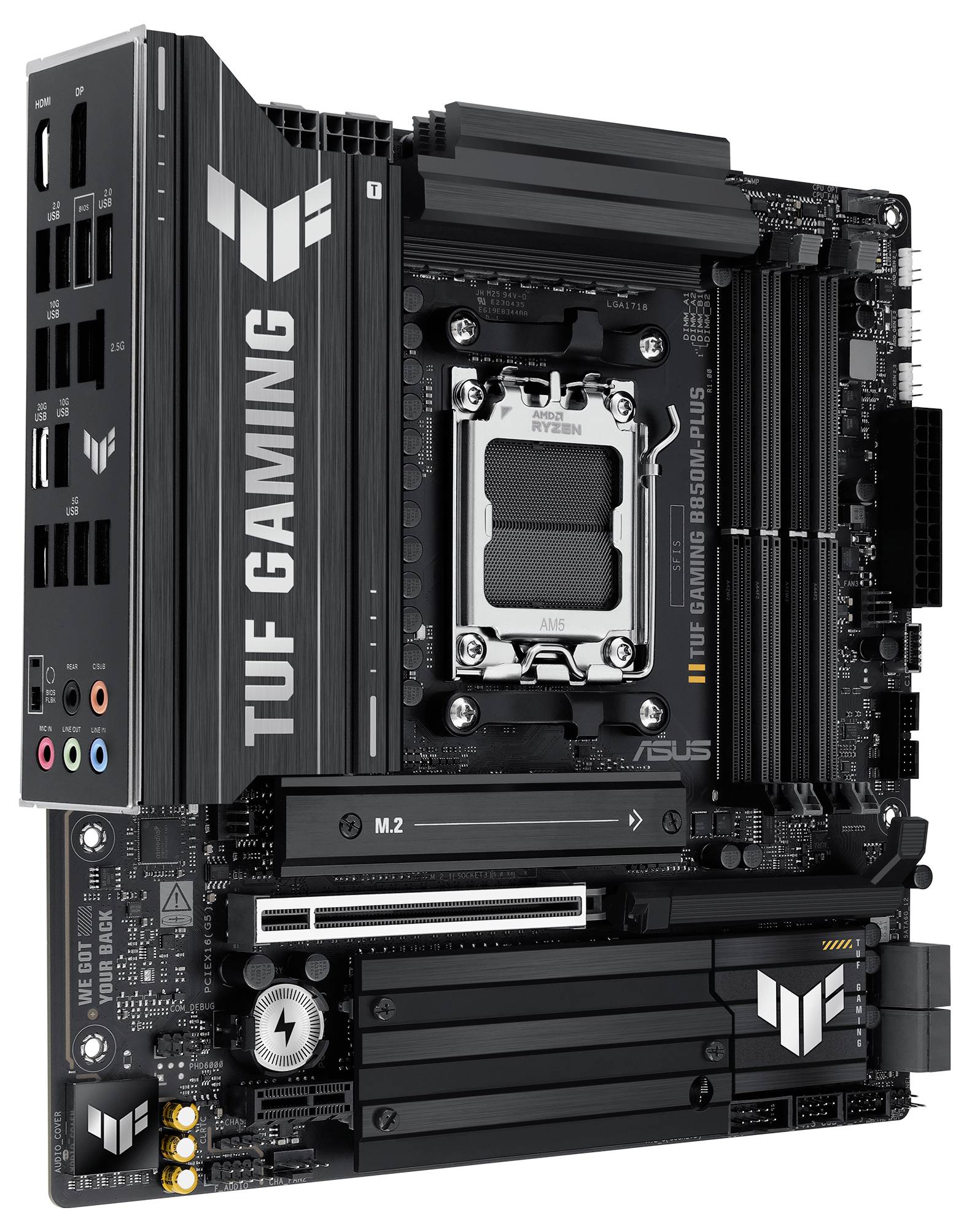 Ein ASUS TUF Gaming B550M-Plus Mainboard mit mehreren PCIe-Steckplätzen, RAM-Steckplätzen und einem CPU-Sockel, geeignet für Gaming-PCs.