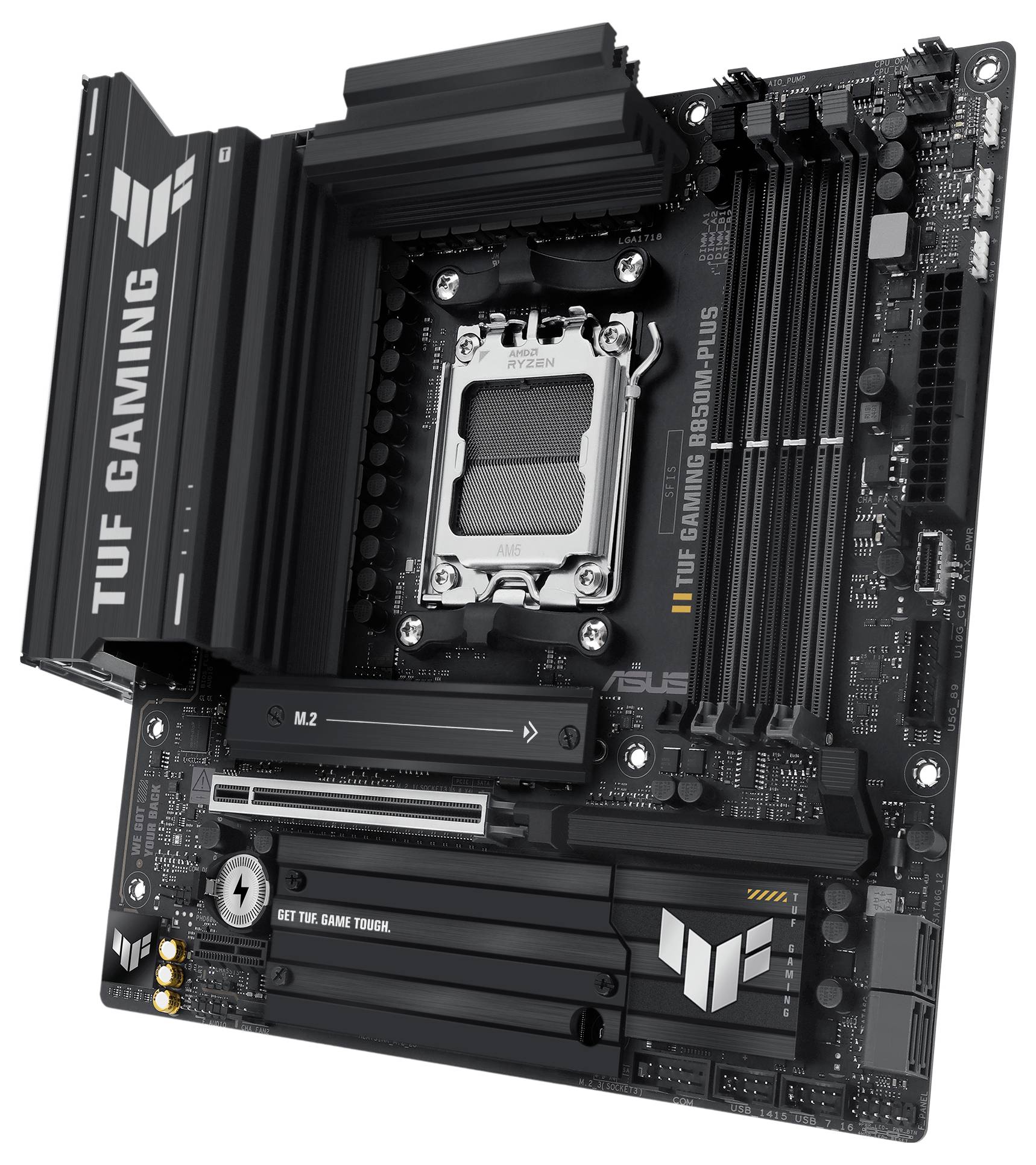 Motherboard der Marke TUF Gaming mit mehreren Slots und Anschlüssen, geeignet für Gaming-PCs, schwarze Farbe.