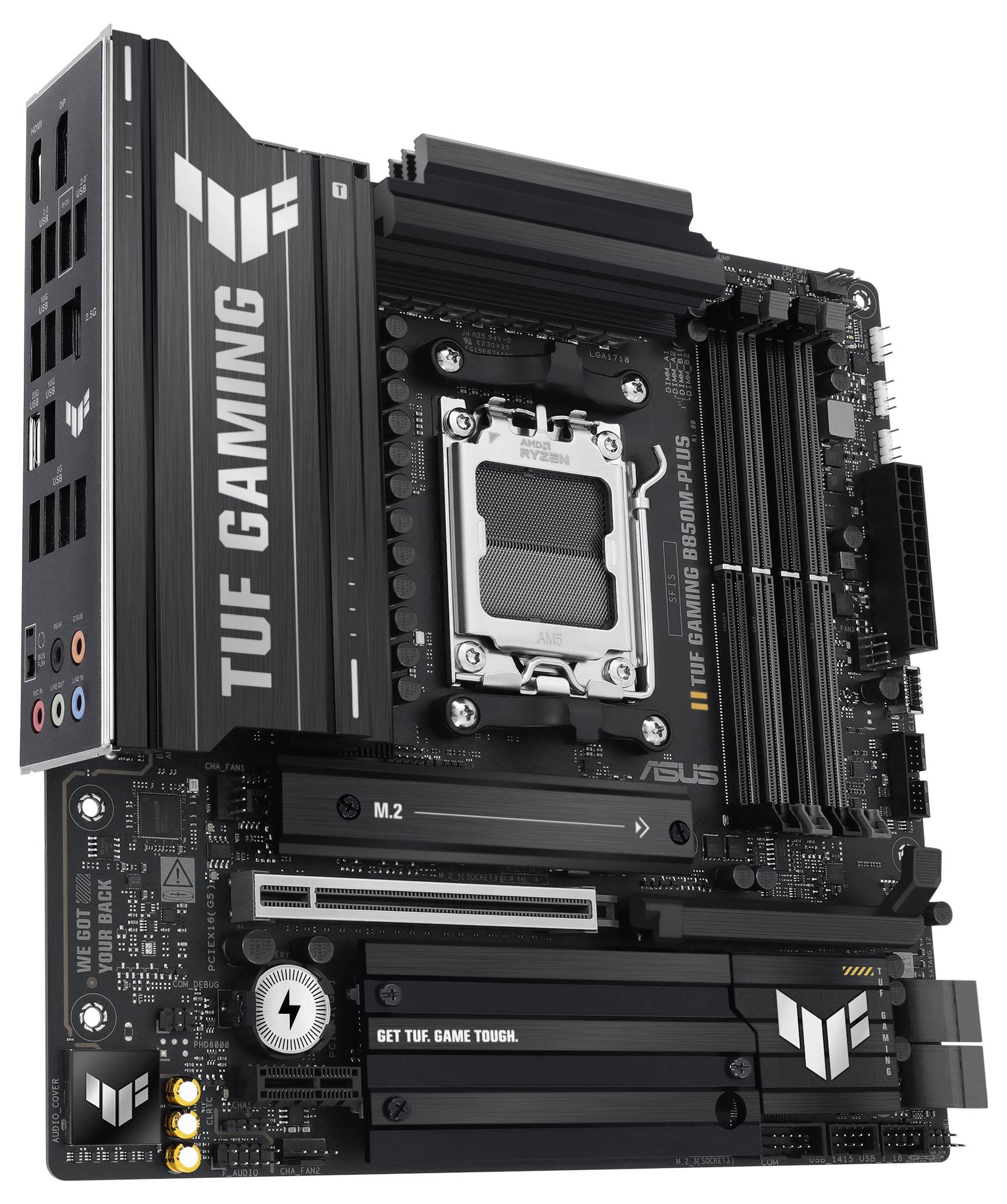 Mainboard ASUS TUF Gaming B650-PLUS mit schwarzem Design und mehreren Steckplätzen für Prozessor, RAM und Anschlüsse.