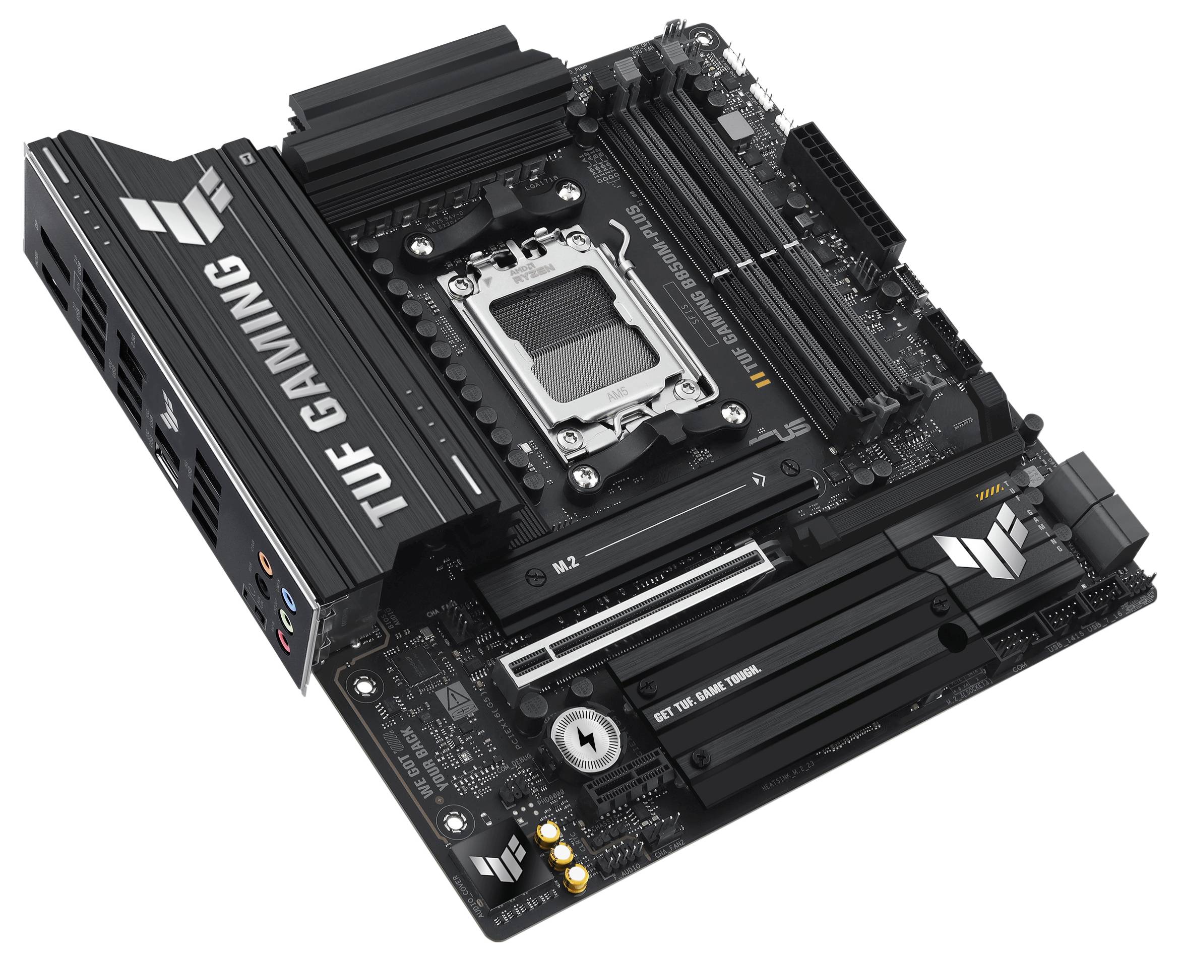 Schwarzes Mainboard mit 'TUF GAMING'-Logo, zwei PCIe-Steckplätzen, vier RAM-Steckplätzen und mehreren Anschlüssen.