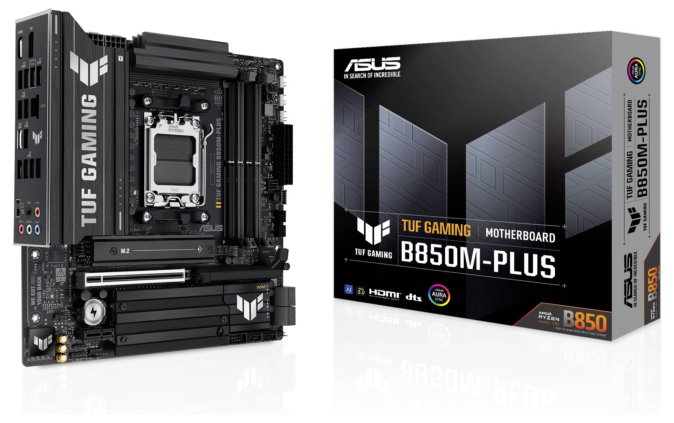 'ASUS TUF Gaming B650M-PLUS' Mainboard neben der Originalverpackung. Mainboard mit robustem Design, markentypische Schwarz-Grau-Farben.