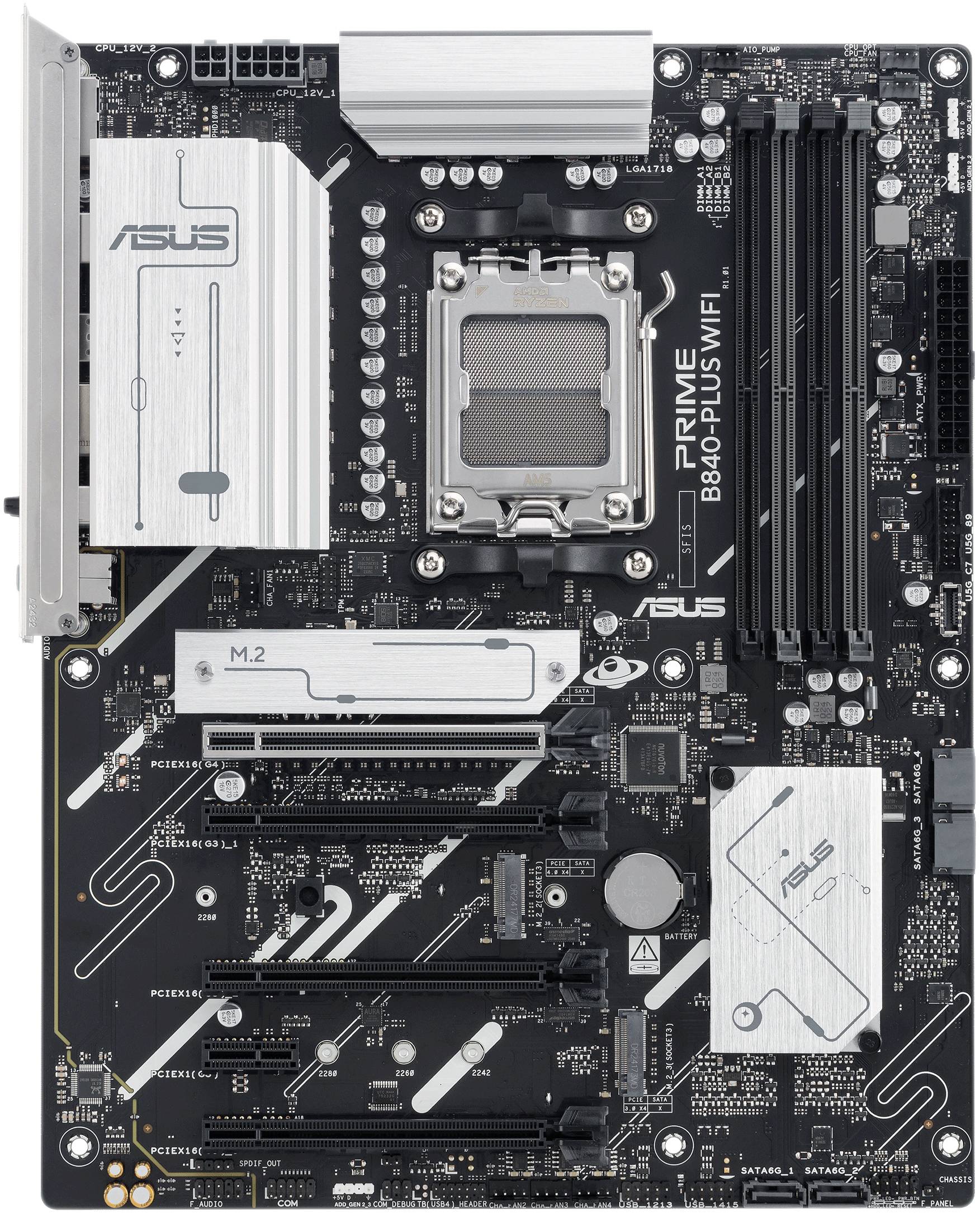 Ein ASUS Prime B660-Plus WiFi-Motherboard mit mehreren PCIe-Slots, RAM-Steckplätzen und einem M.2-Slot für Computer-Upgrades.