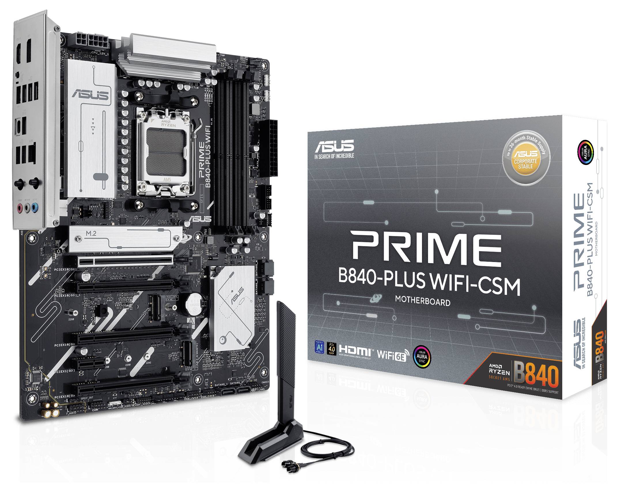 Mainboard und Verpackung der Marke ASUS, Modell 'PRIME B840-PLUS WIFI-CSM'. Enthält WiFi-Antenne, unterstützt AMD Ryzen.