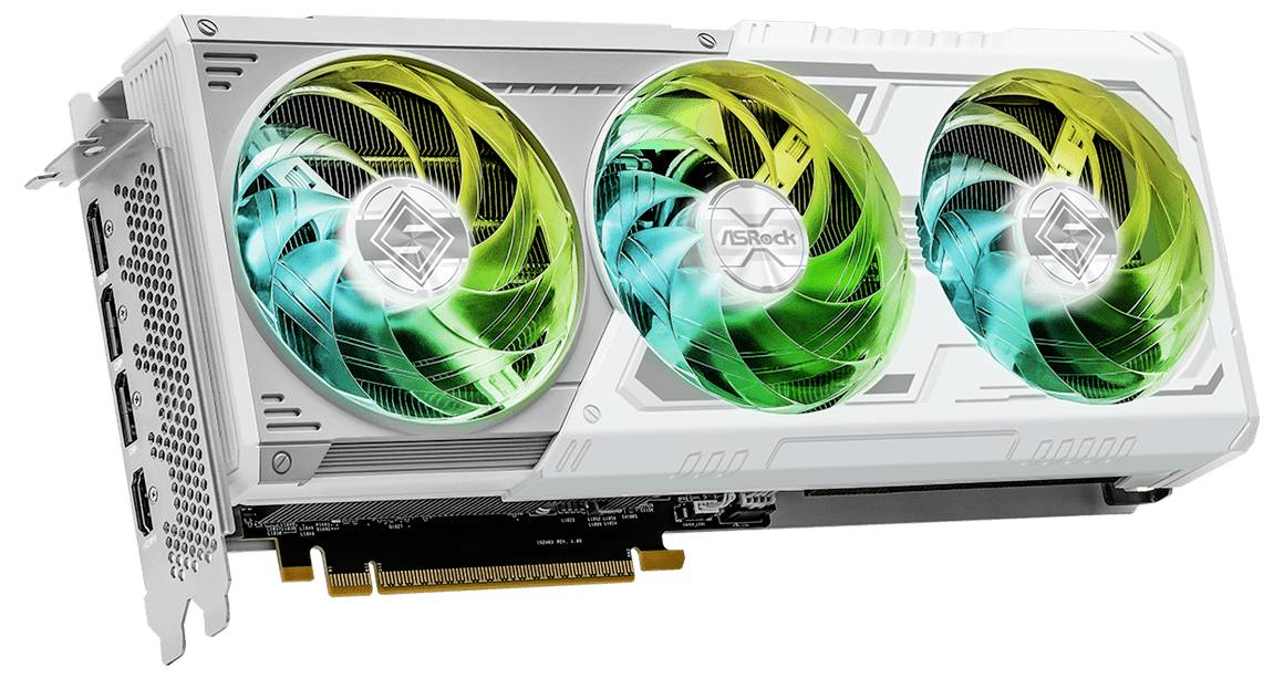 Dreifach-gebläsete Grafikkarte mit silbernem Gehäuse, transparenten rotierenden Lüftern in Grün und Blau, PCIe-Anschluss links.