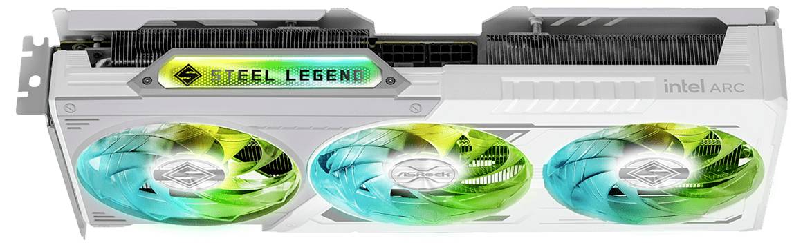 Weiße Grafikkarte mit drei Lüftern, grün-blauer LED-Beleuchtung und dem Logo 'Steel Legend'. Seitlich steht 'Intel Arc'.