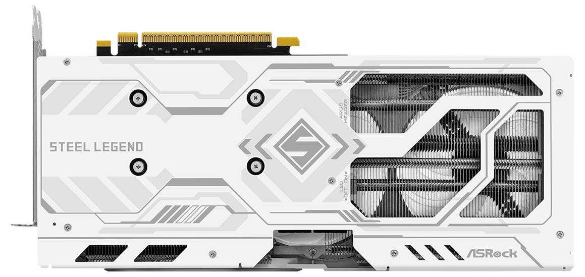 Die Abbildung zeigt eine weiße Grafikkarte von oben mit der Aufschrift 'Steel Legend' und sichtbaren Lüftern.
