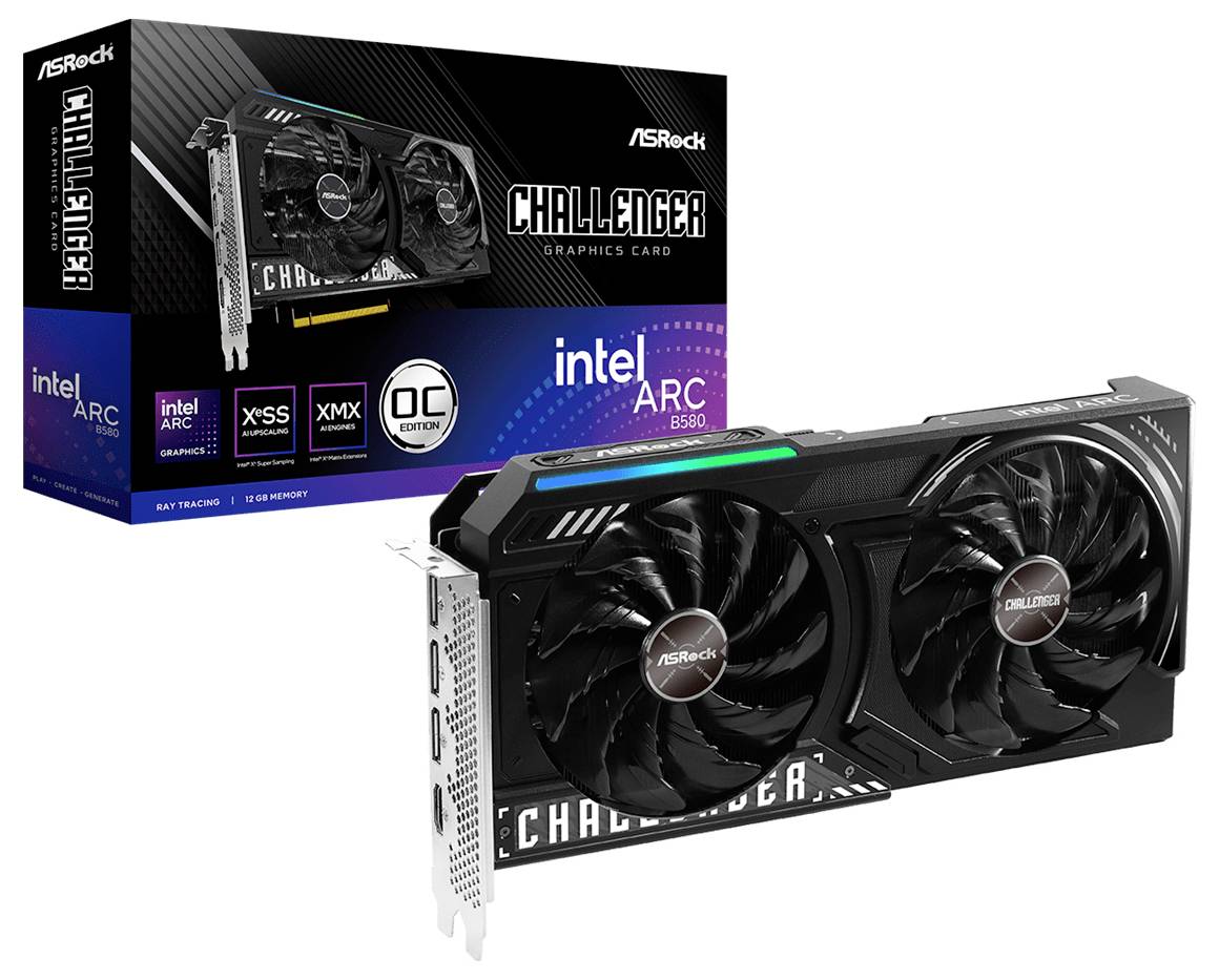 Eine ASRock Challenger-Grafikkarte samt Verpackung. Die Karte hat zwei Lüfter und unterstützt Intel ARC-Technologie.