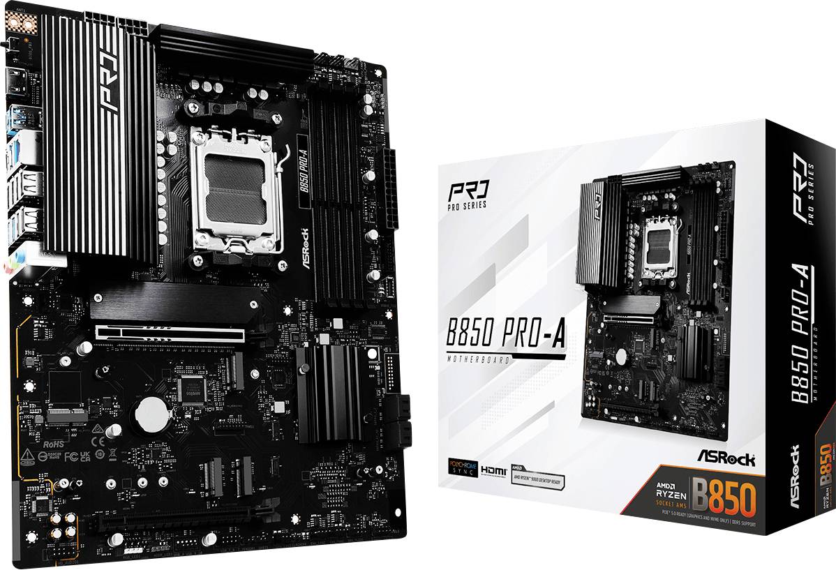 Motherboard ASRock B650 Pro-A und Verpackung. Unterstützt AMD Ryzen-CPUs. Schwarz mit mehreren Anschlüssen und Kühler. Verpackung zeigt Spezifikationen.