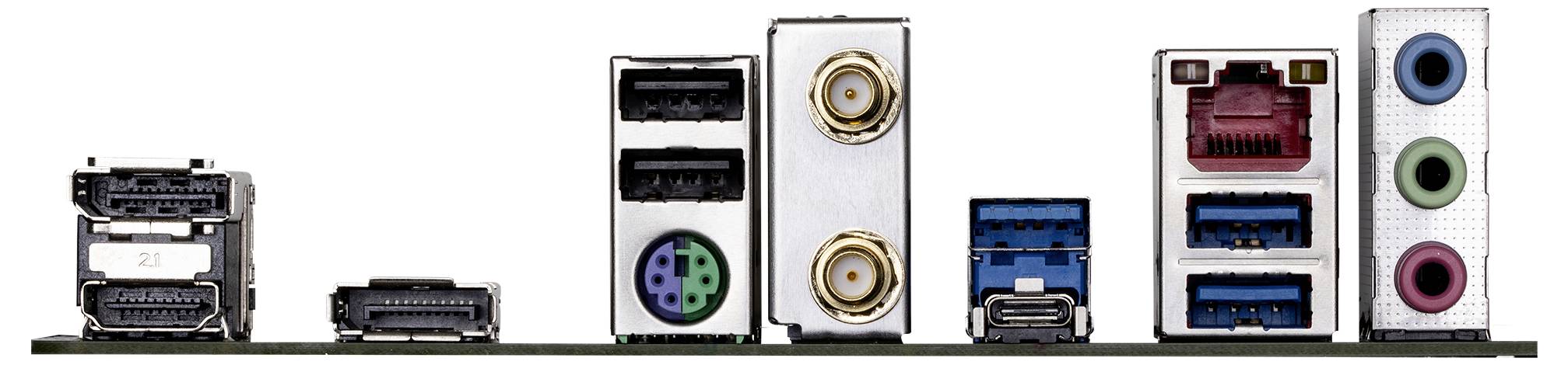 Rückseite eines Computer-Motherboards mit verschiedenen Anschlüssen: HDMI, USB, LAN, Audio und PS/2.